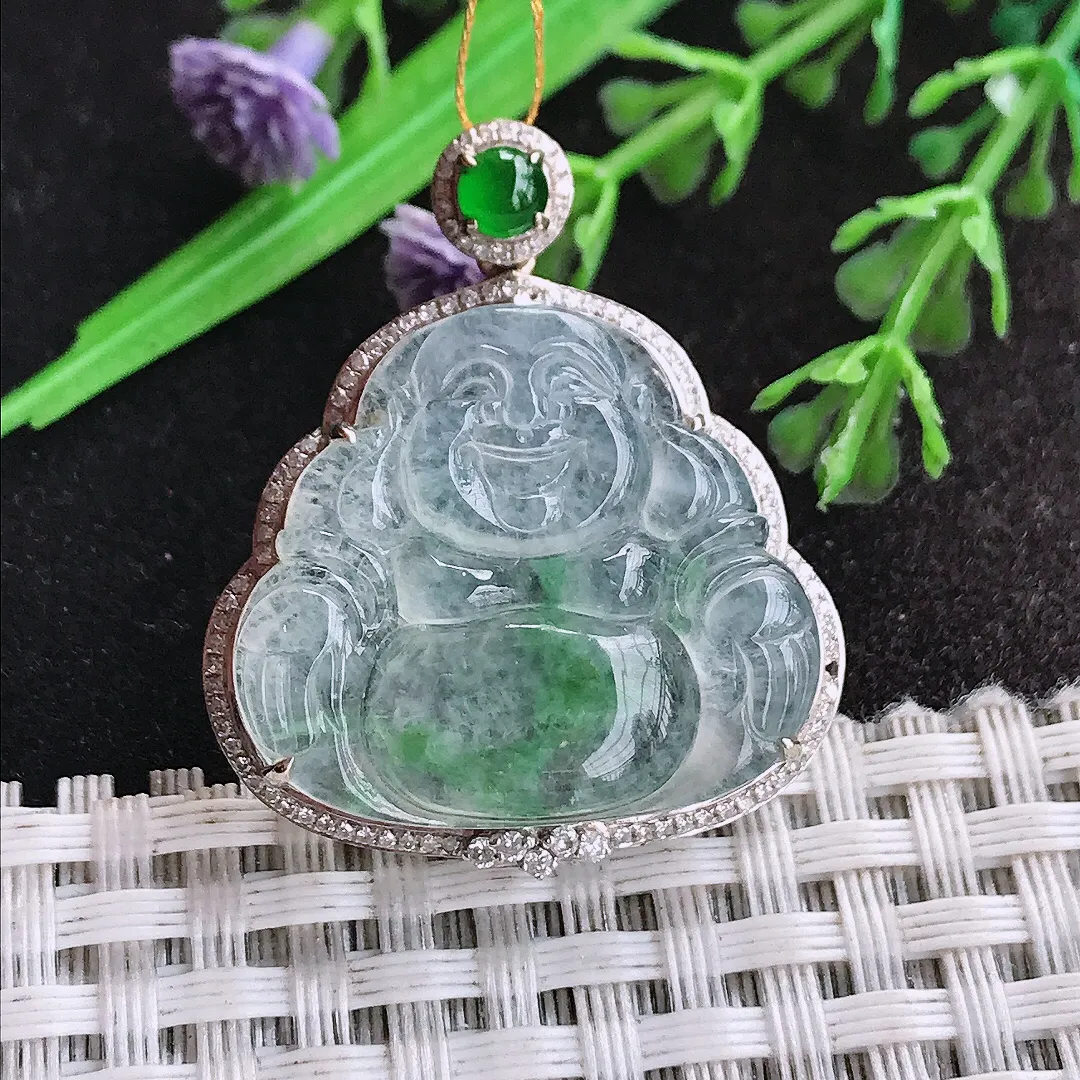 天然a货翡翠34/29/8.5老坑18k金镶嵌冰种飘绿佛公吊坠翡翠玉佛挂件