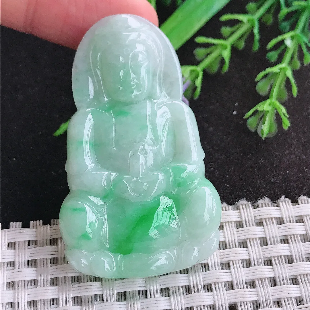 天然a货翡翠51/31.3/5.5老坑温润飘阳绿正装观音吊坠翡翠玉挂件