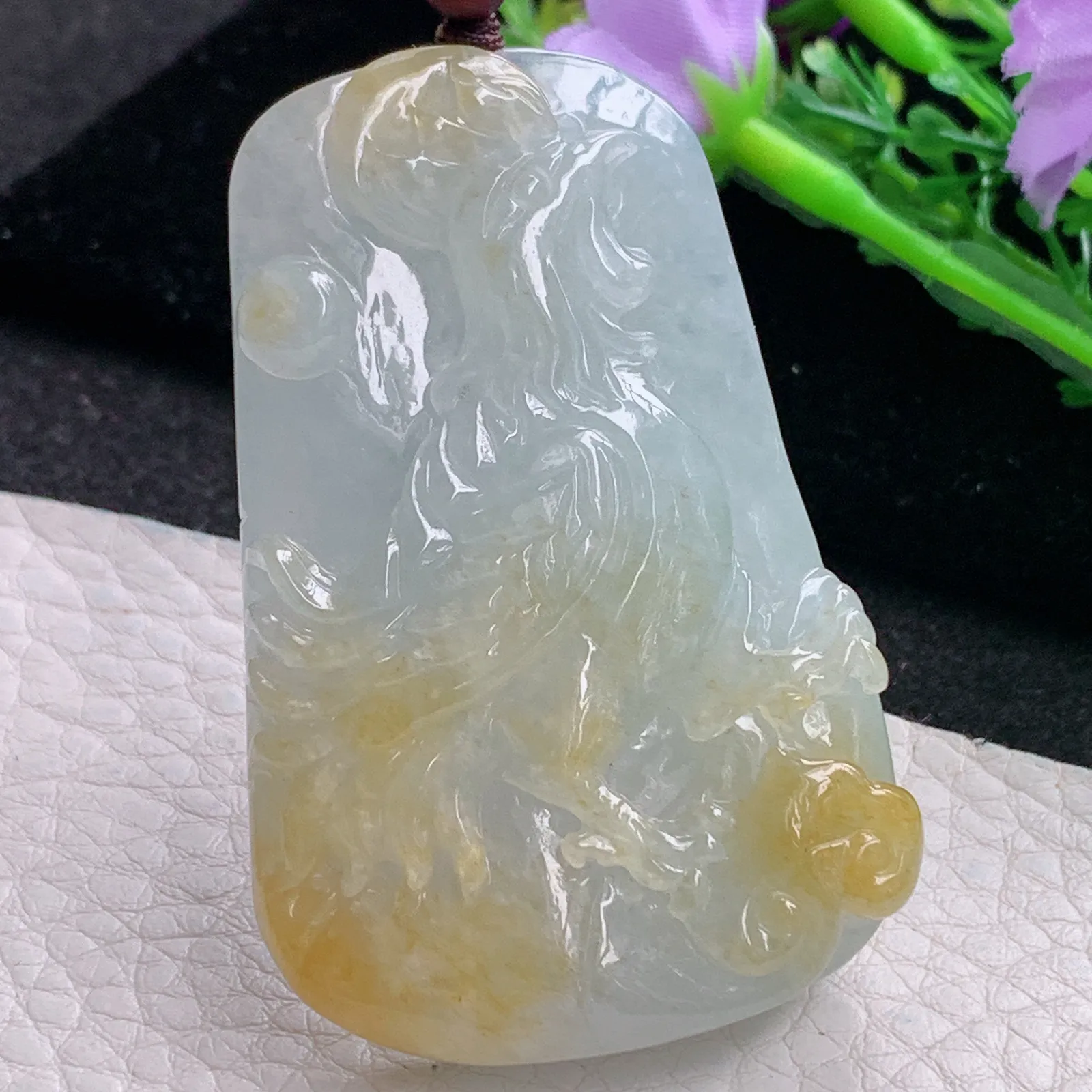 zen自然光55.5*36.5*10.8天然缅甸翡翠冰双彩生肖鸡玉吊坠 玉挂件