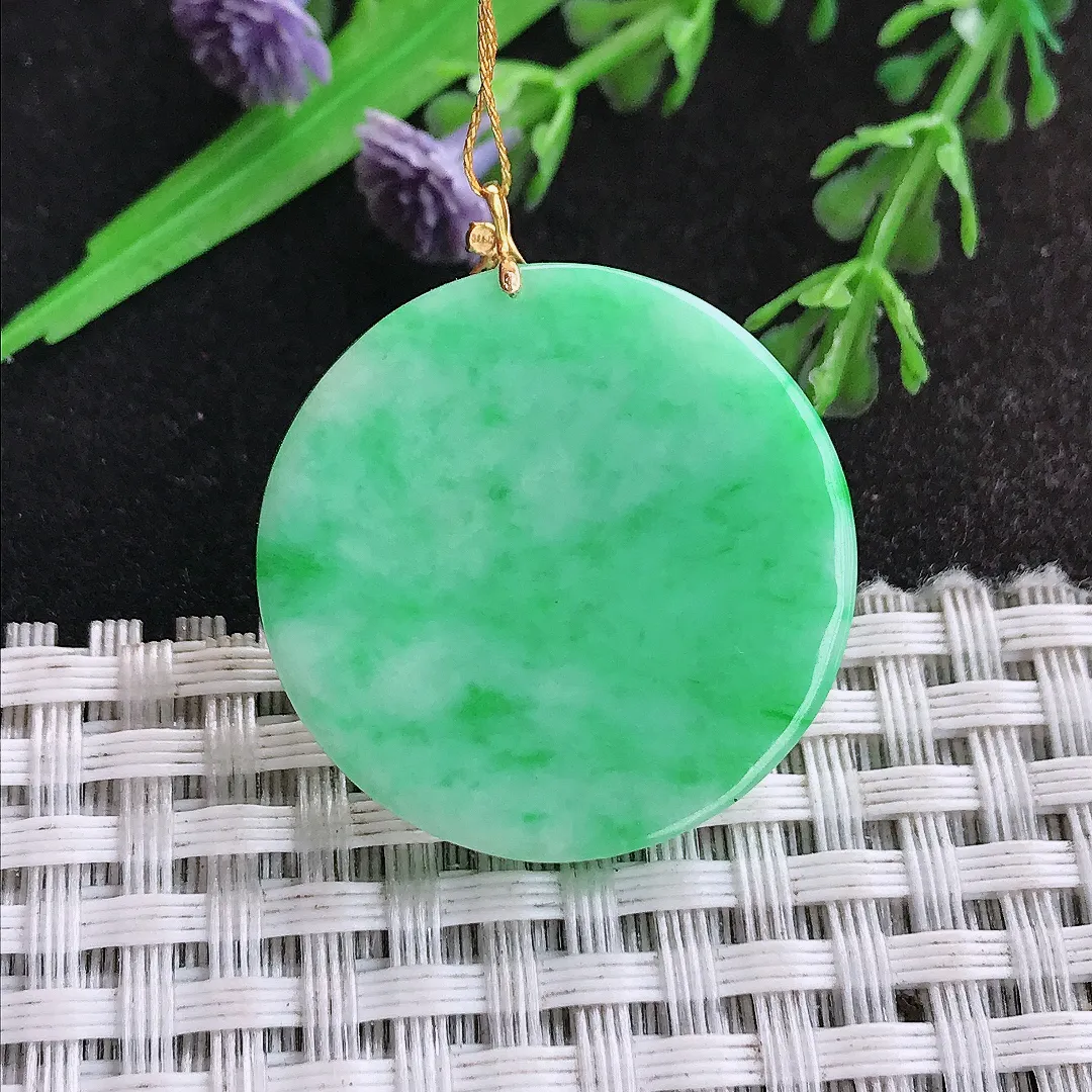 天然a货翡翠28/4.1老坑18k金镶嵌满绿无事牌吊坠翡翠圆牌挂件