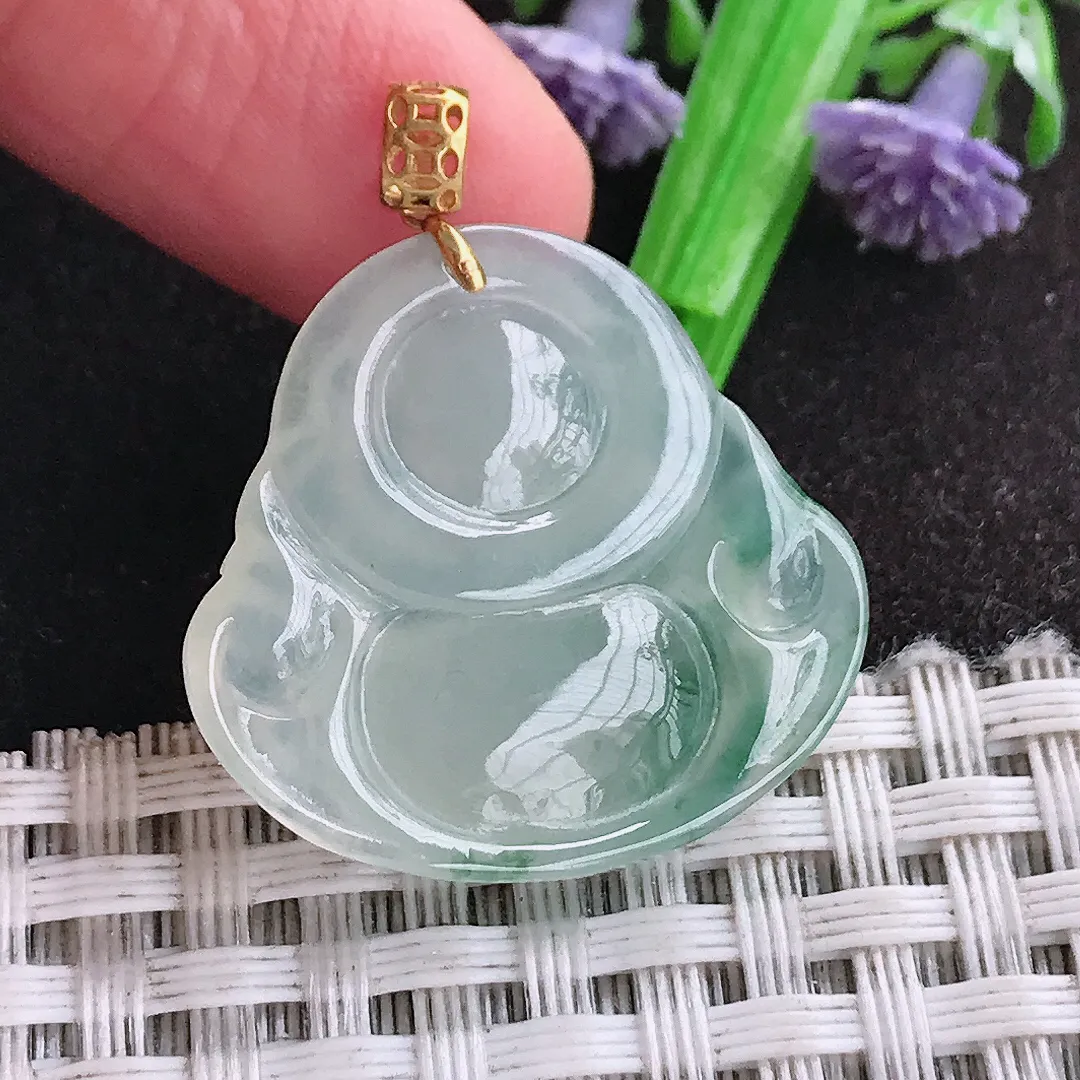 天然a货翡翠25/26.6/5.9老坑18k金镶嵌冰胶飘花佛公吊坠翡翠玉挂件