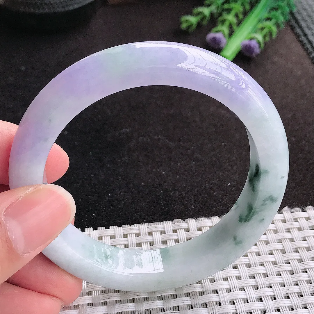 天然A货翡翠57.5/12.7/9老坑精美温润紫罗兰飘花手镯宽边玉手镯
