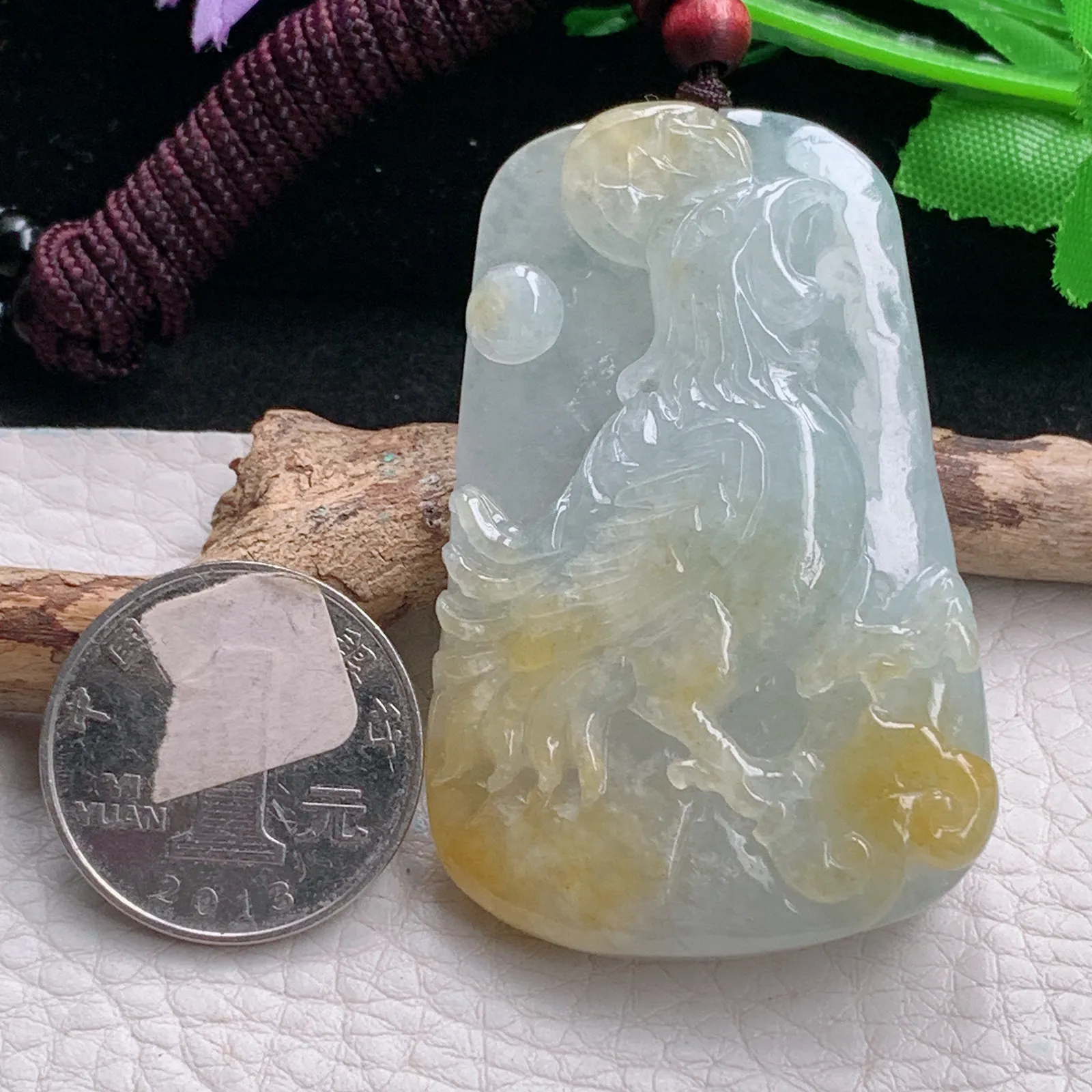 zen自然光55.5*36.5*10.8天然缅甸翡翠冰双彩生肖鸡玉吊坠 玉挂件