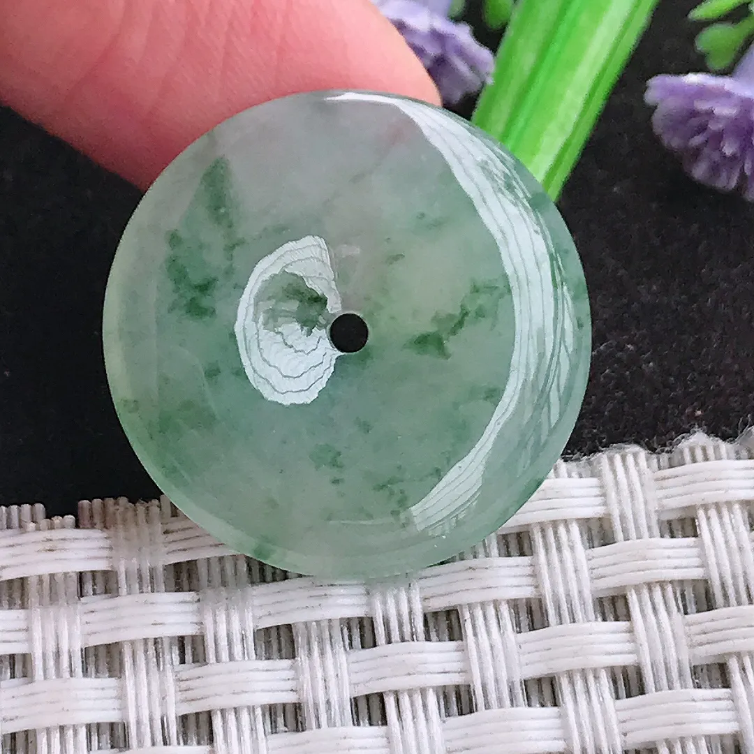 天然a货翡翠24.2/4.2老坑冰润果冻胶飘花小平安扣吊坠翡翠玉挂件