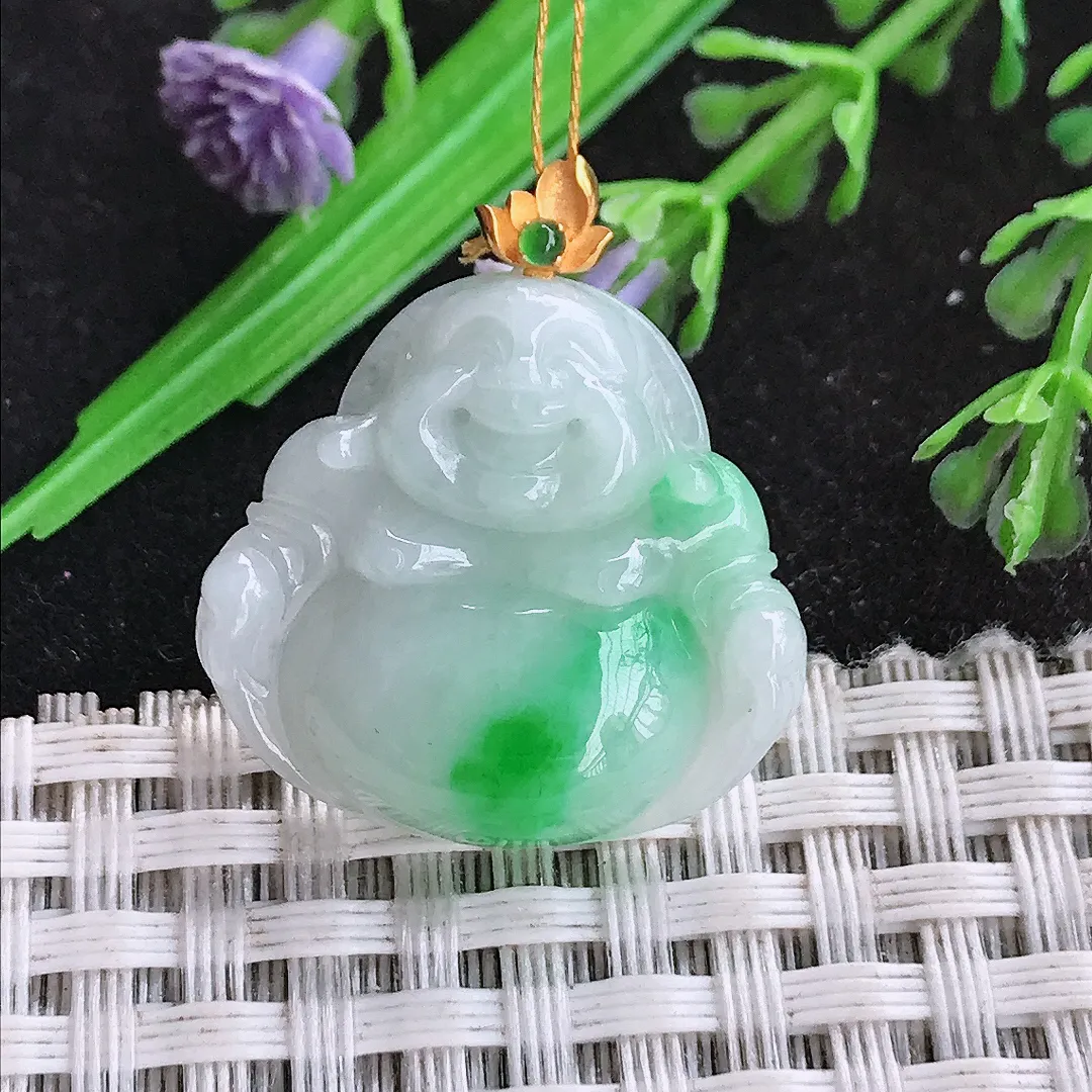 天然a货翡翠22.8/24.3/5.5老坑18k金镶嵌白底青飘阳绿佛公吊坠翡翠玉挂件