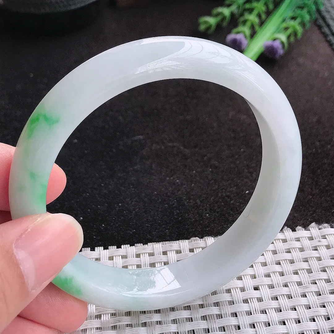 天然A货翡翠60/12.8/8.3老坑冰润水灵飘阳绿手镯宽边玉手镯