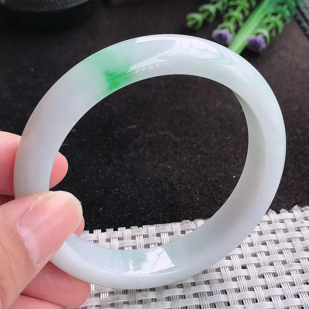 天然A货翡翠60/12.8/8.3老坑冰润水灵飘阳绿手镯宽边玉手镯