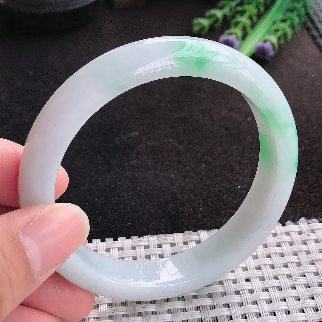 天然A货翡翠60/12.8/8.3老坑冰润水灵飘阳绿手镯宽边玉手镯
