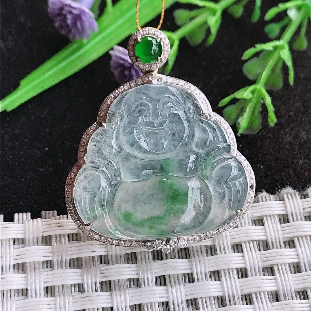 天然a货翡翠34/29/8.5老坑18k金镶嵌冰种飘绿佛公吊坠翡翠玉佛挂件