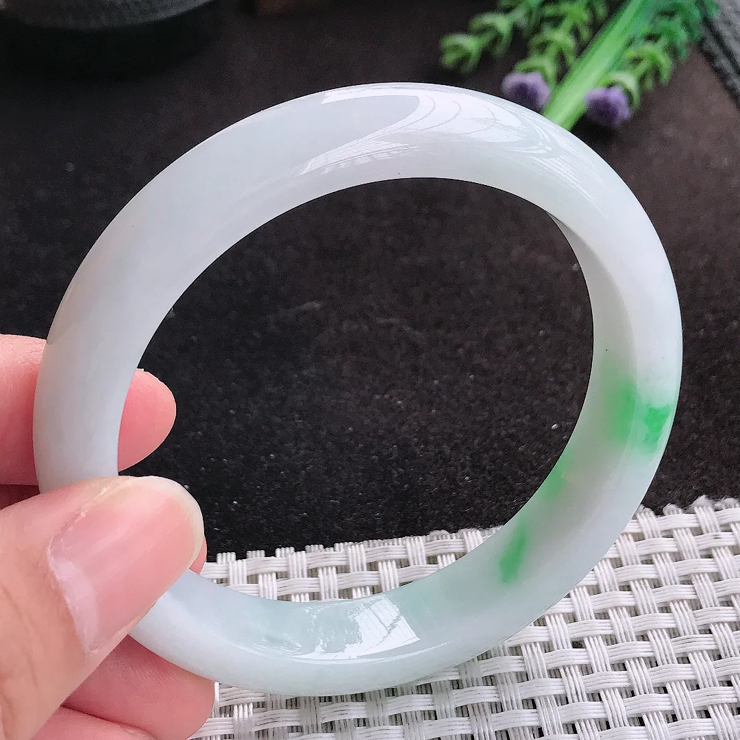 天然A货翡翠60/12.8/8.3老坑冰润水灵飘阳绿手镯宽边玉手镯