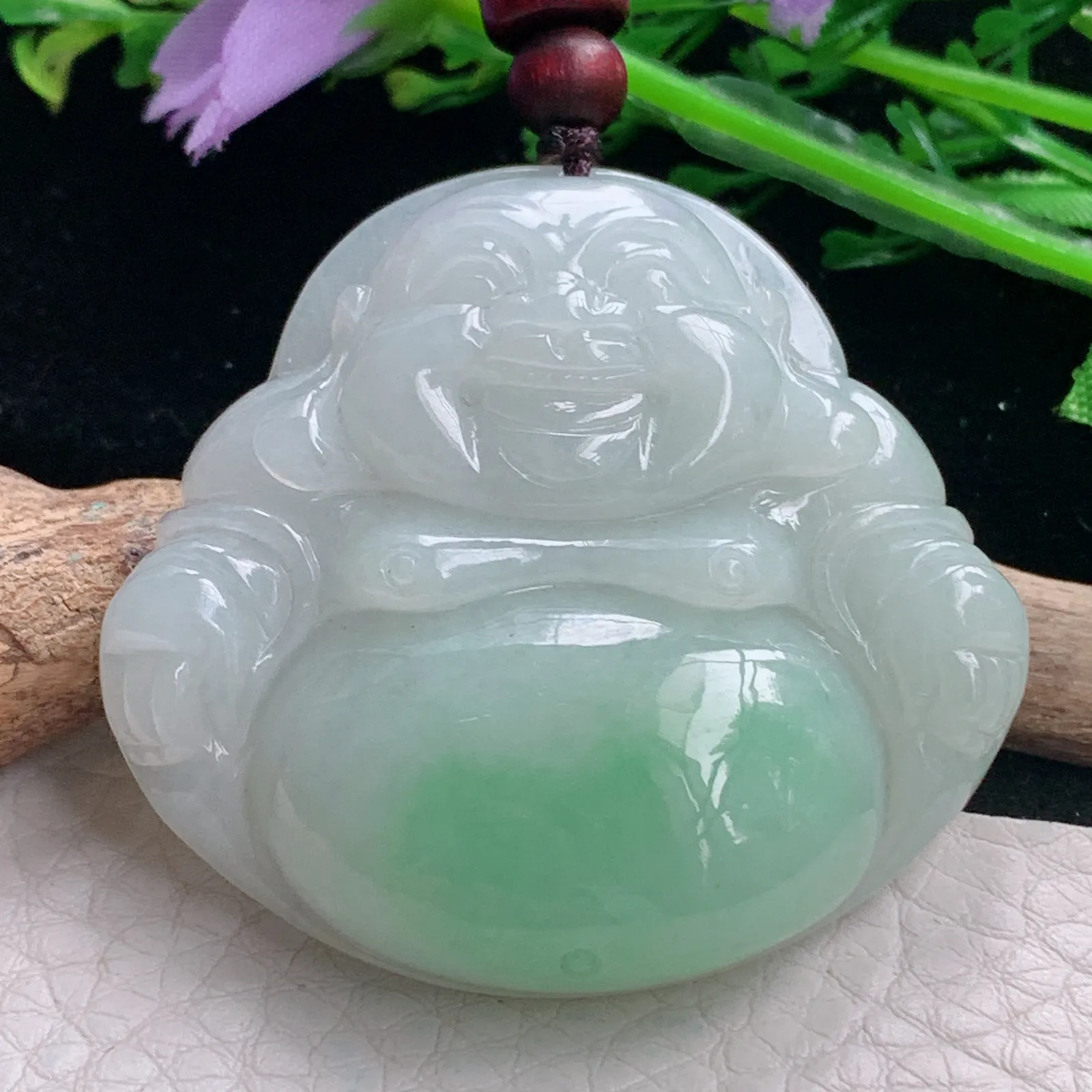 zen自然光44*47*11天然缅甸翡翠飘绿佛公 弥勒佛玉吊坠 玉挂件