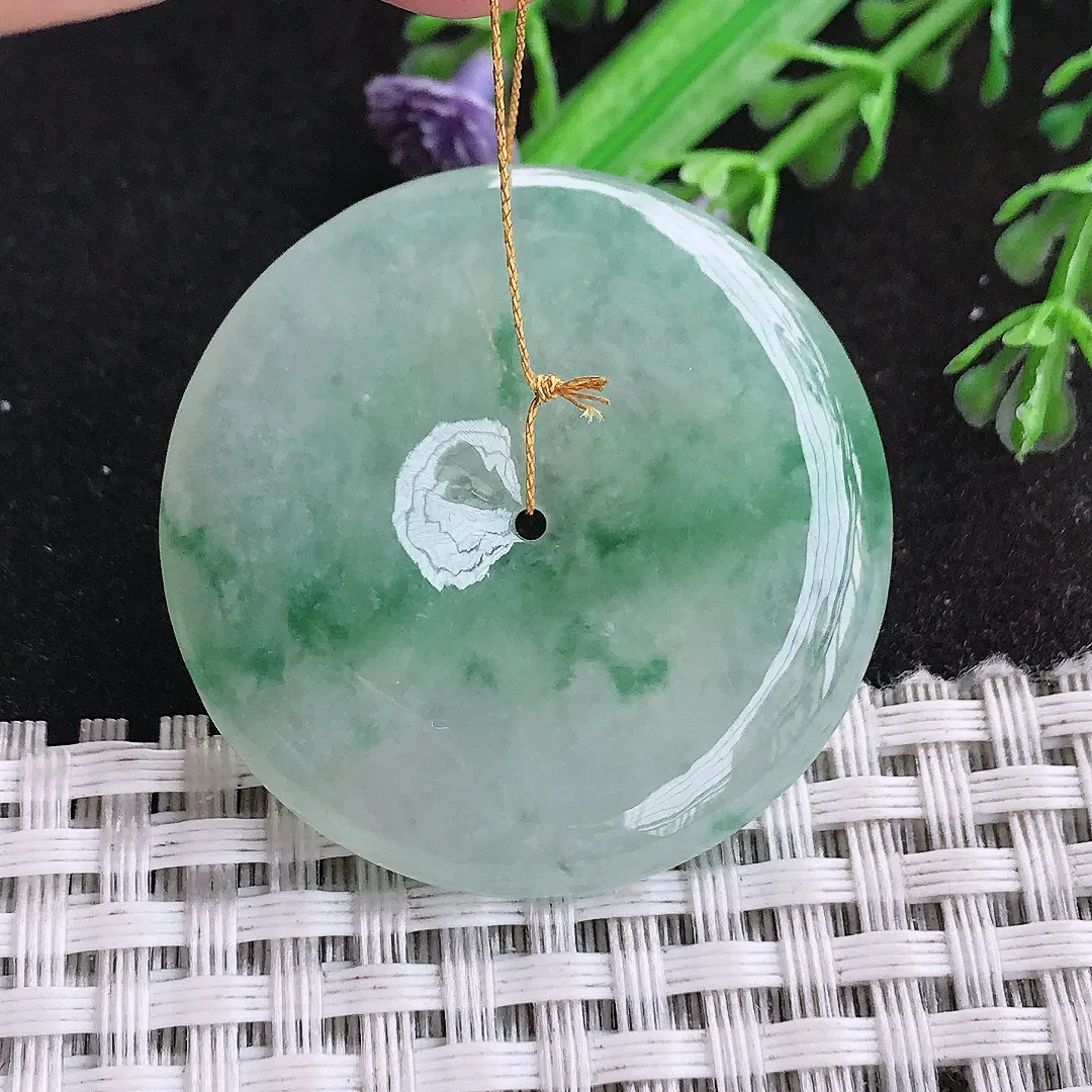 天然a货翡翠36.6/5.6老坑冰胶果冻飘花平安扣吊坠翡翠玉扣挂件