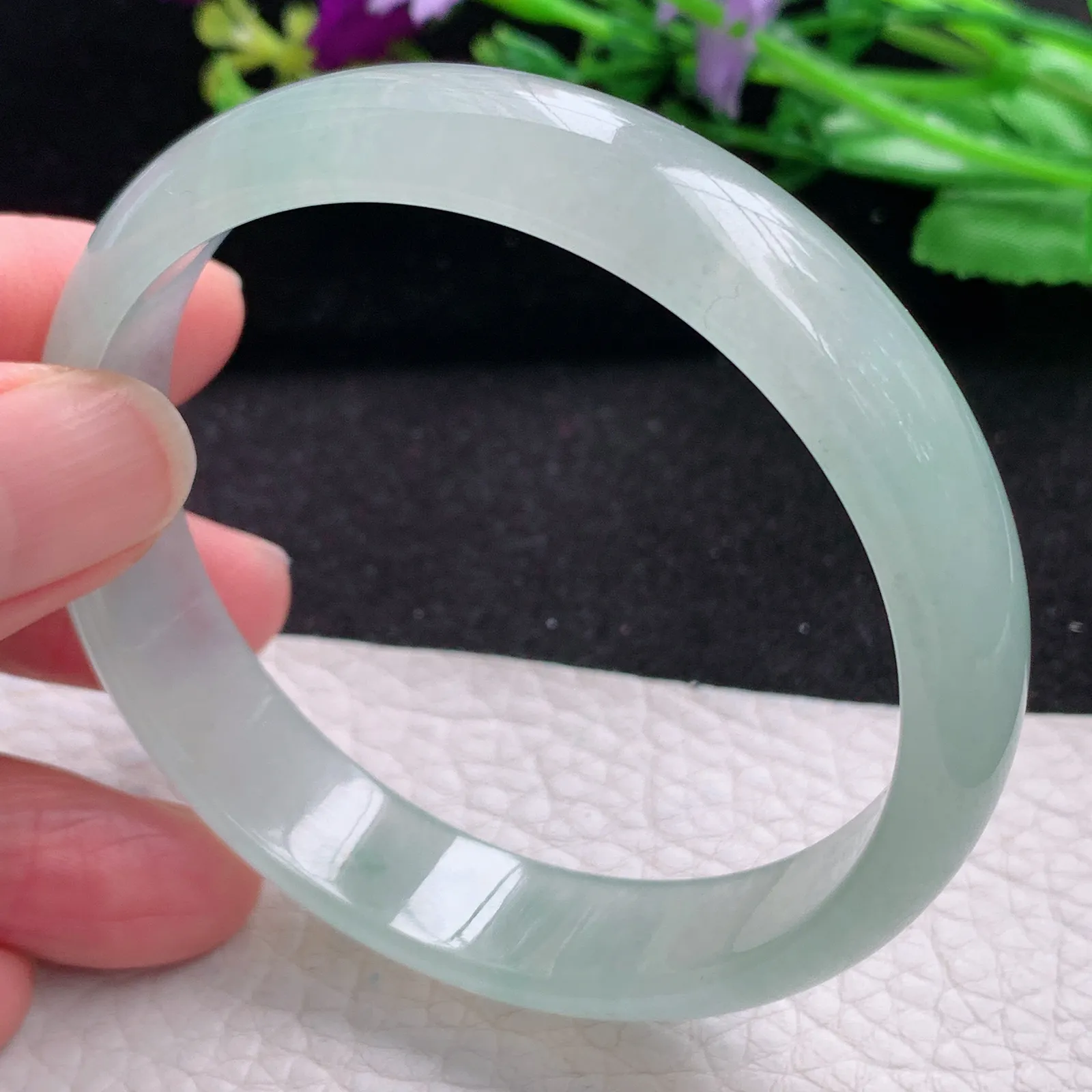 js自然光58.5*13*6平安镯 缅甸翡翠a货玉手镯冰种晴美宽边玉手环