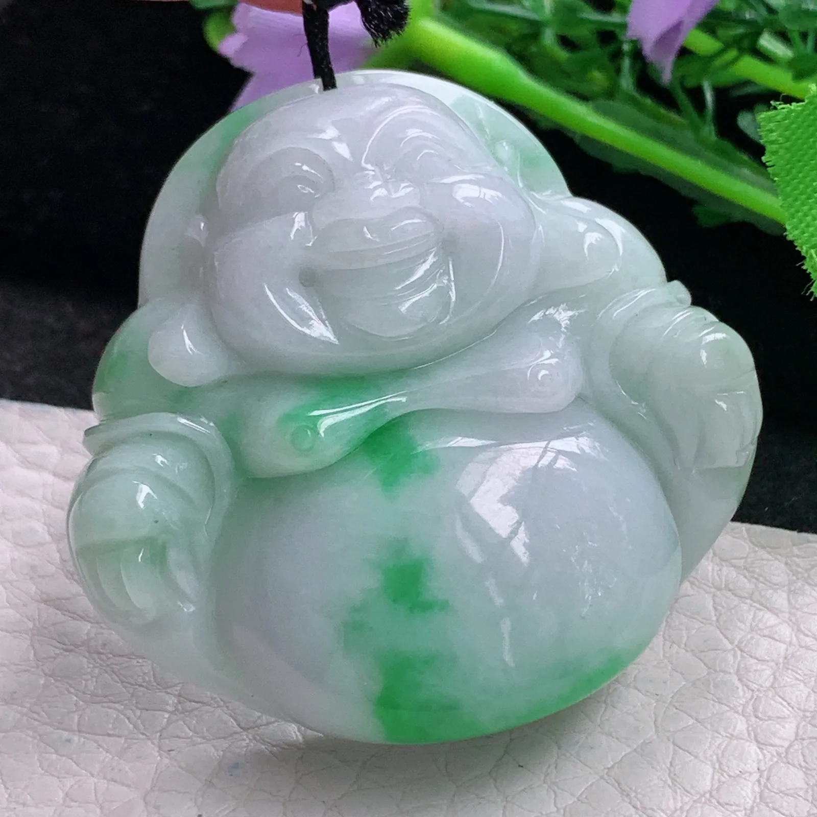 zen自然光47.5*49*13.9天然缅甸翡翠飘阳绿大佛公 弥勒佛玉吊坠 玉挂件