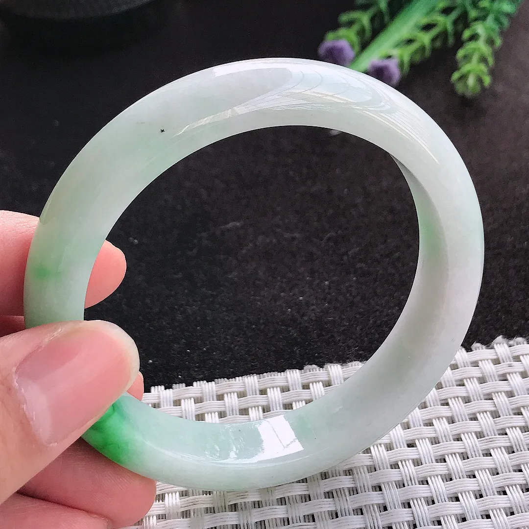 天然A货翡翠58.3/12.8/8.4老坑精美温润飘阳绿手镯宽边玉手镯