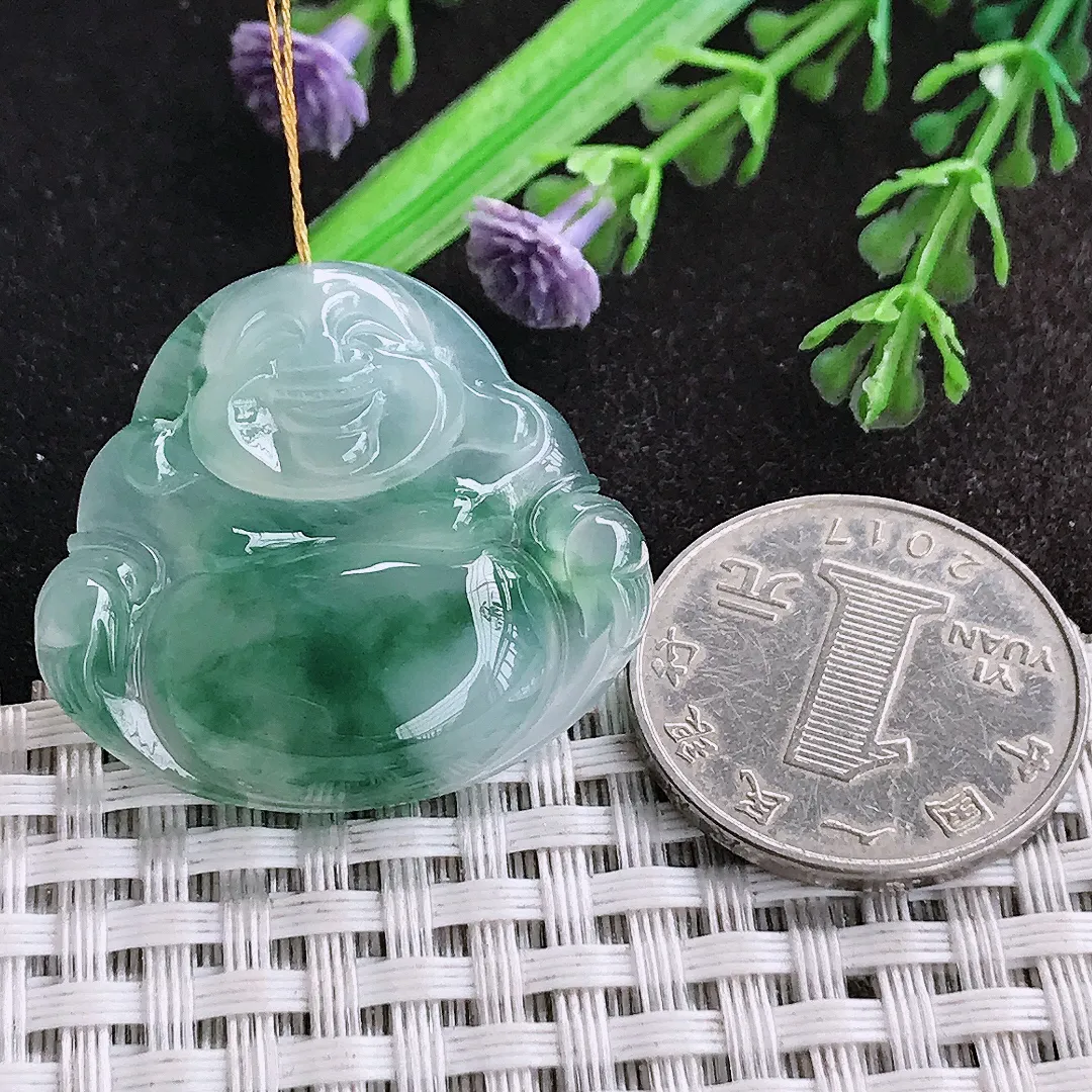 天然a货翡翠29.6/32.8/6.1老坑冰胶果冻冰飘花佛公吊坠翡翠玉佛挂件