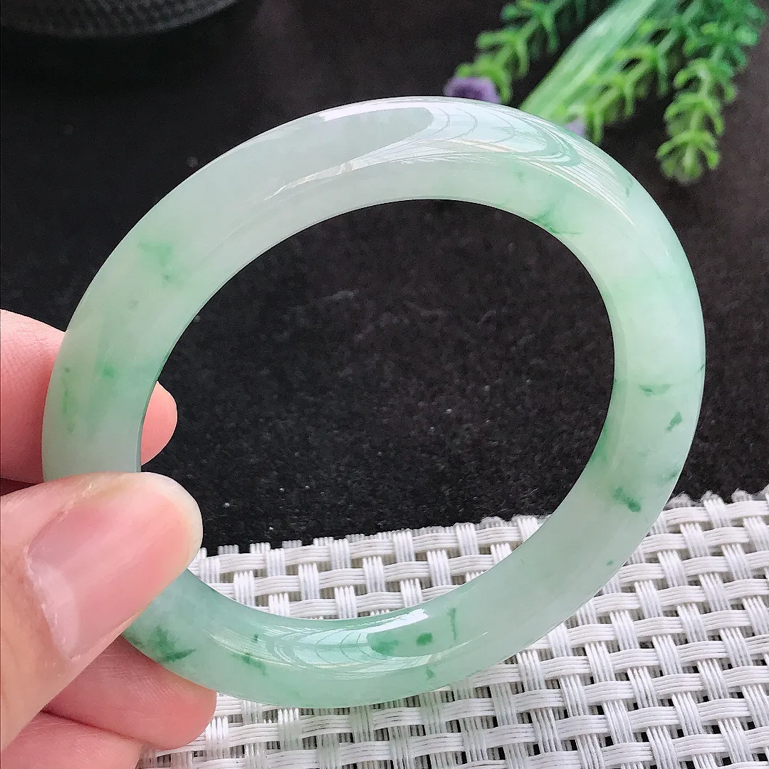 天然A货翡翠52.5/9.9/9.6老坑冰胶果冻飘花圆条手镯小圈口玉手镯