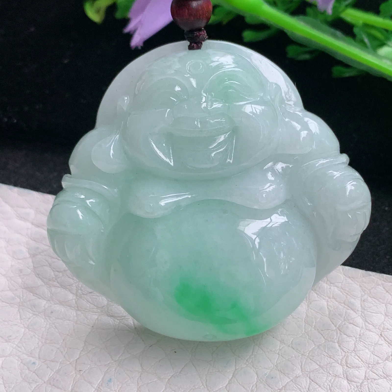 zen自然光45.8*50*13天然缅甸翡翠飘绿大佛公 开心佛玉吊坠 玉挂件