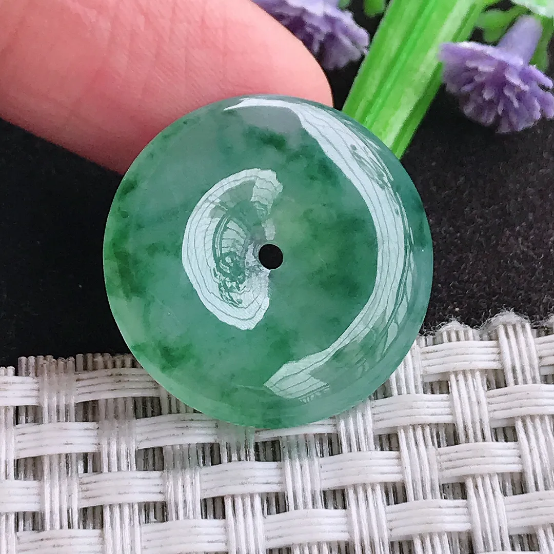 天然a货翡翠23.6/4.6老坑冰种果冻胶满色飘花平安扣吊坠小扣子挂件