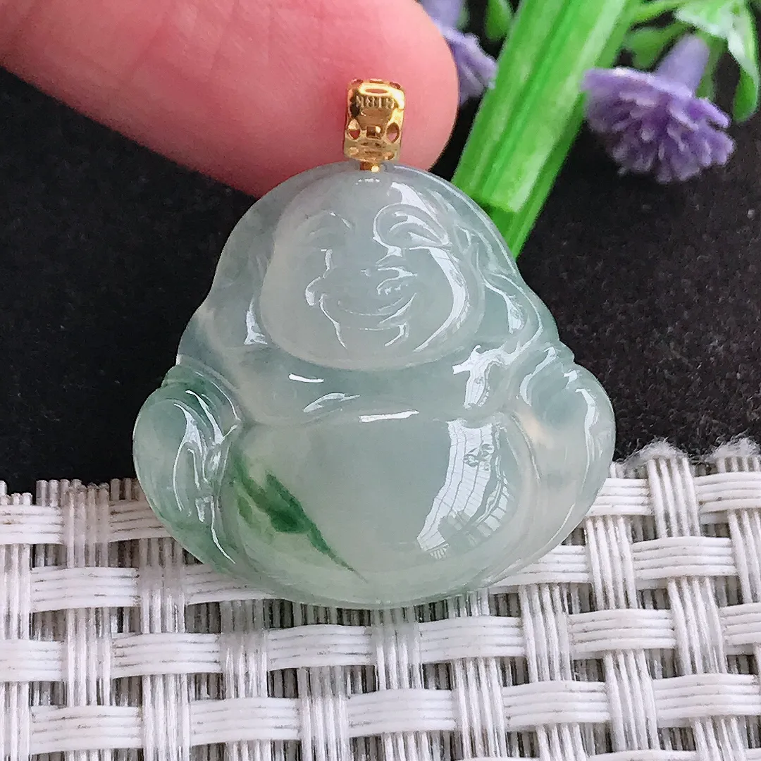 天然a货翡翠25/26.6/5.9老坑18k金镶嵌冰胶飘花佛公吊坠翡翠玉挂件