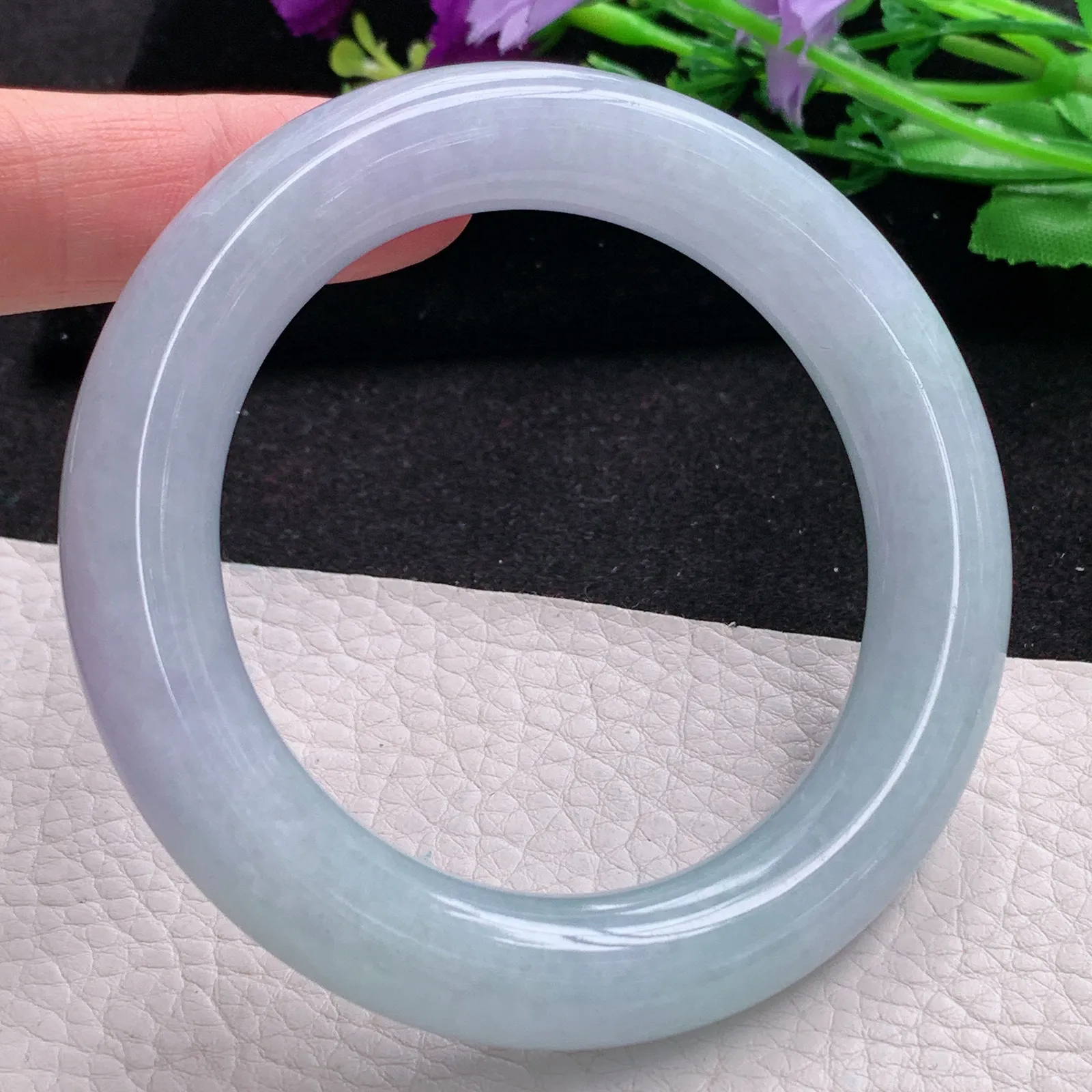 z自然光57*12.2胖圆镯 缅甸翡翠a货玉手镯紫罗兰高雅圆条大气玉手环