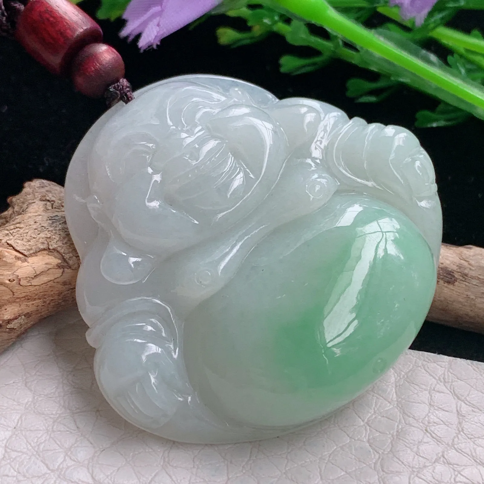 zen自然光44*47*11天然缅甸翡翠飘绿佛公 弥勒佛玉吊坠 玉挂件