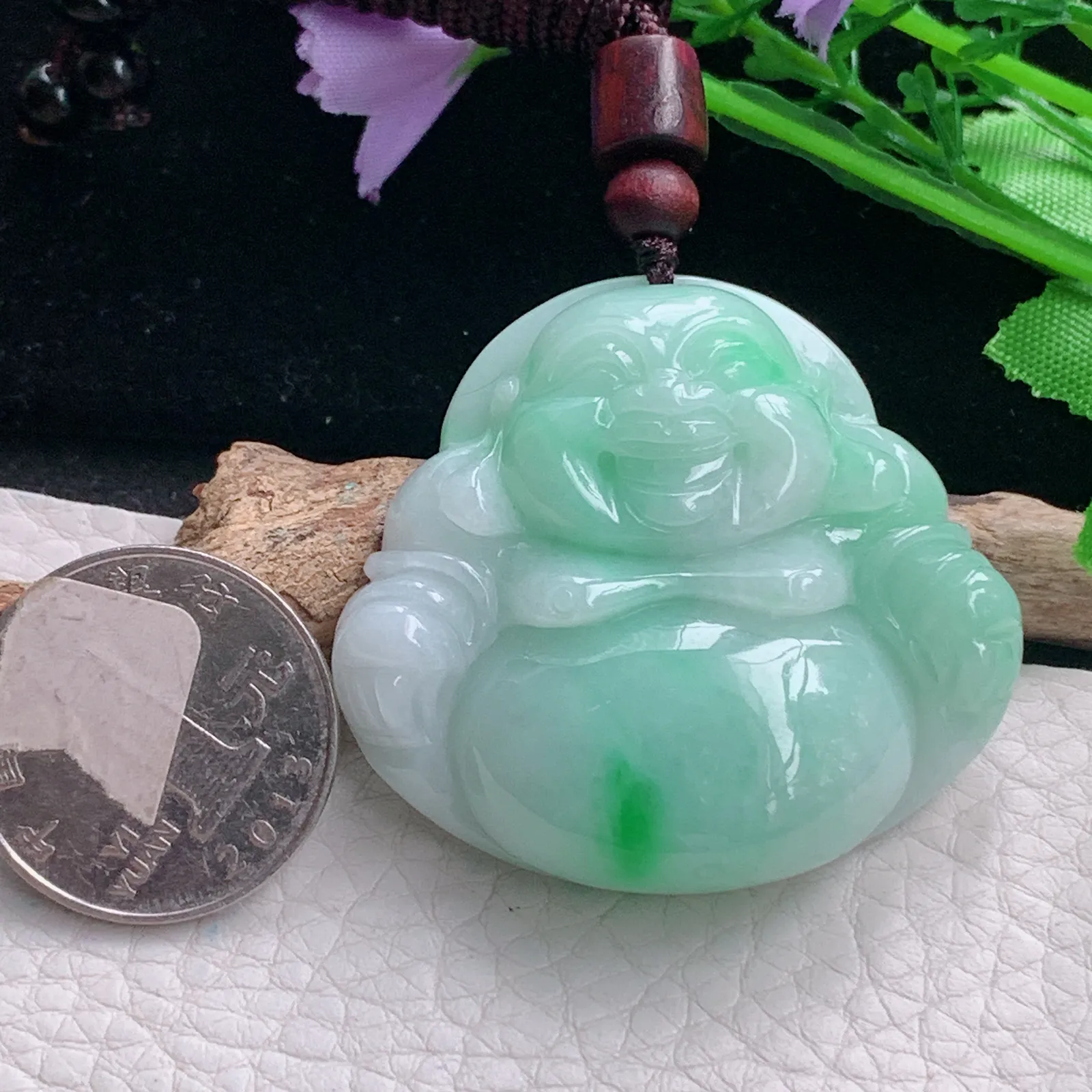 zen自然光41.5*45.6*12.5天然缅甸翡翠飘绿佛公 弥勒佛玉吊坠 玉挂件