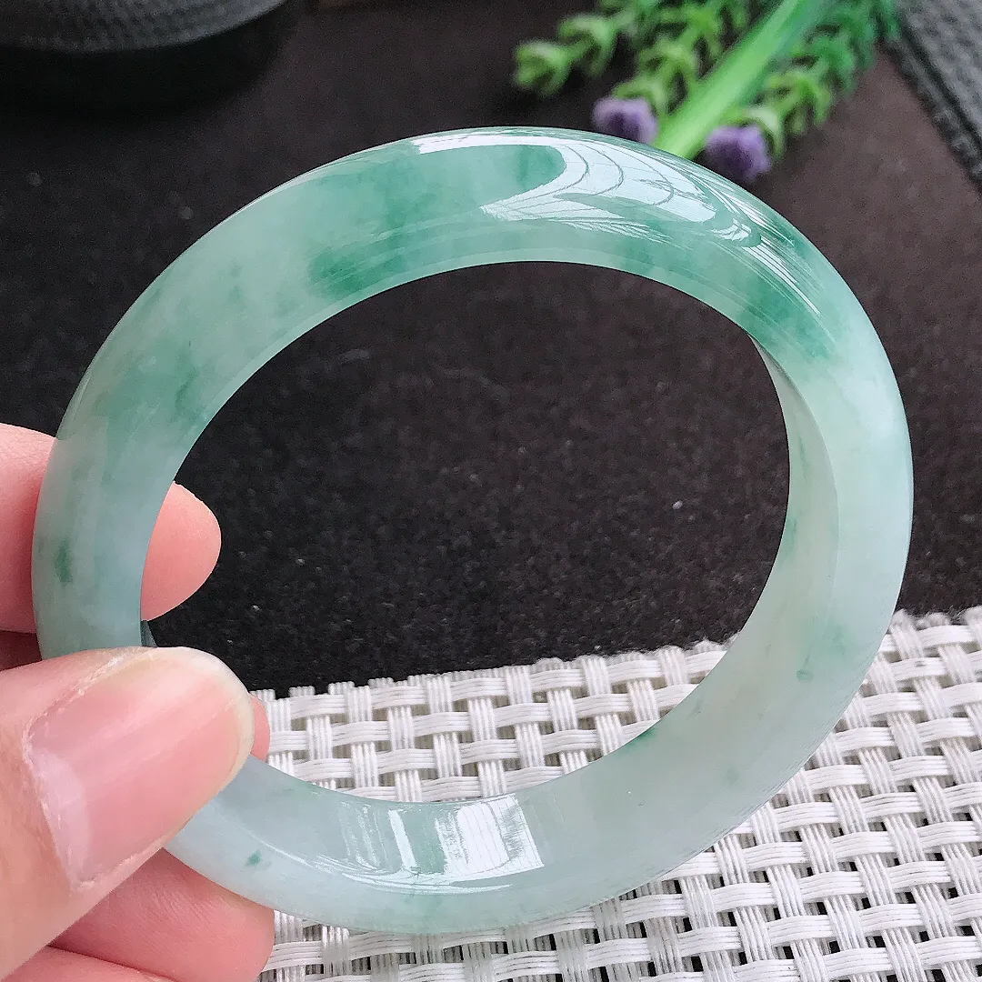 天然A货翡翠56.5/12.8/8.3老坑冰胶果冻冰飘花手镯宽边玉手镯