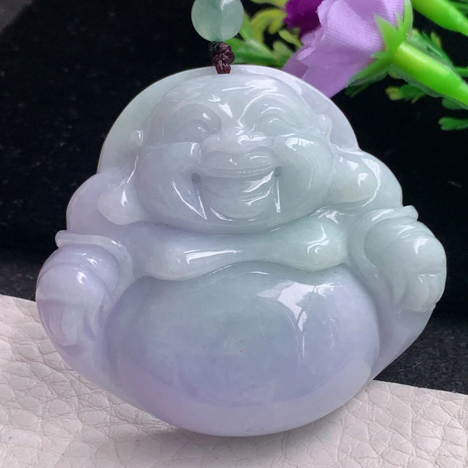 zen自然光46*51*12.3天然缅甸翡翠春带彩大佛公 弥勒佛玉吊坠 玉挂件