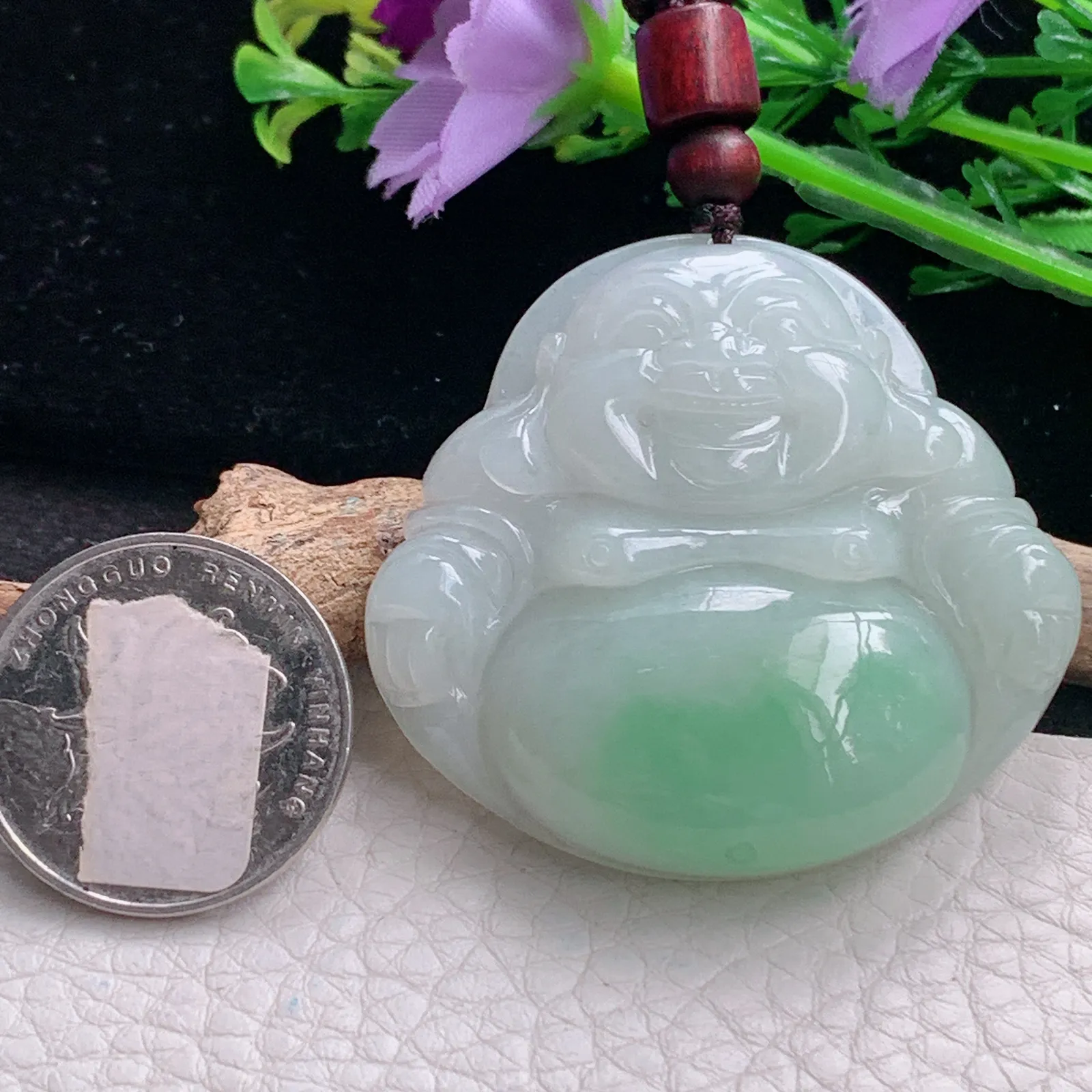 zen自然光44*47*11天然缅甸翡翠飘绿佛公 弥勒佛玉吊坠 玉挂件