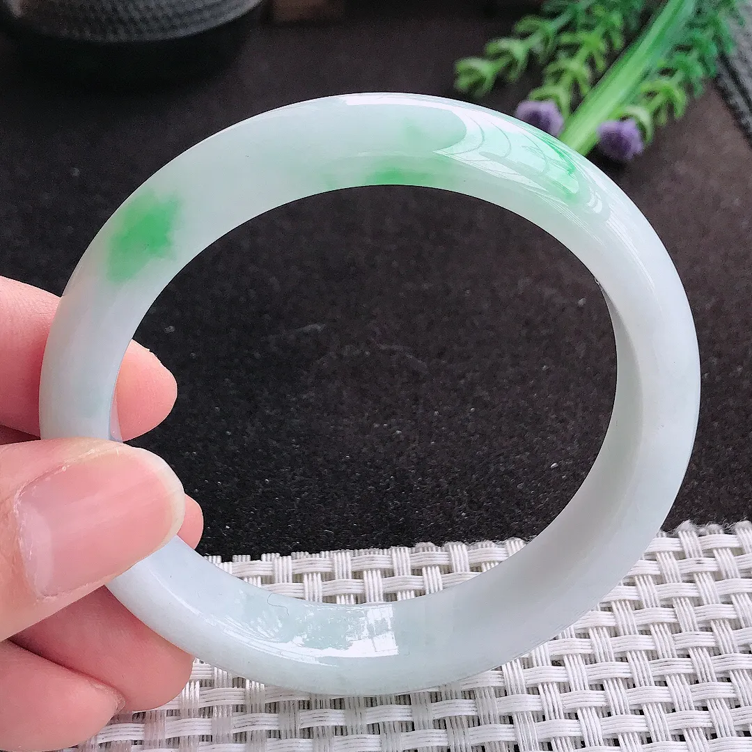 天然A货翡翠60/12.8/8.3老坑冰润水灵飘阳绿手镯宽边玉手镯