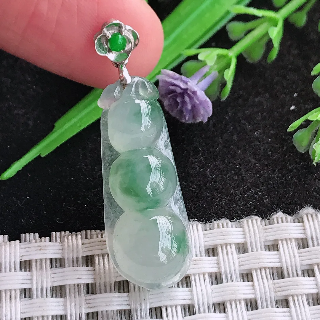 天然a货翡翠28.5/11.2/6.7老坑18k金镶嵌冰飘花四季豆吊坠翡翠福豆挂件