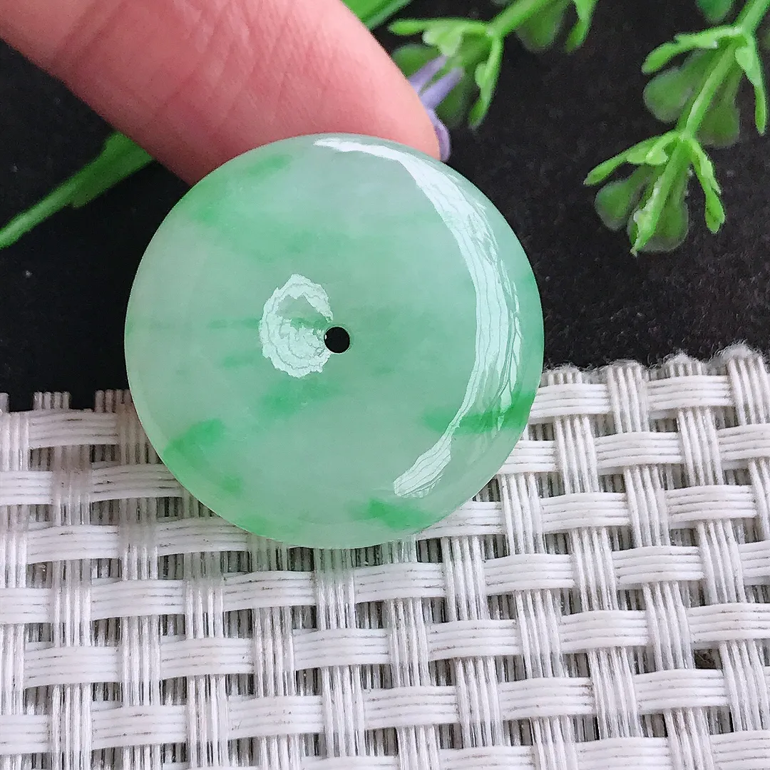 天然a货翡翠26.6/6.9老坑冰胶飘阳绿平安扣吊坠翡翠玉扣挂件