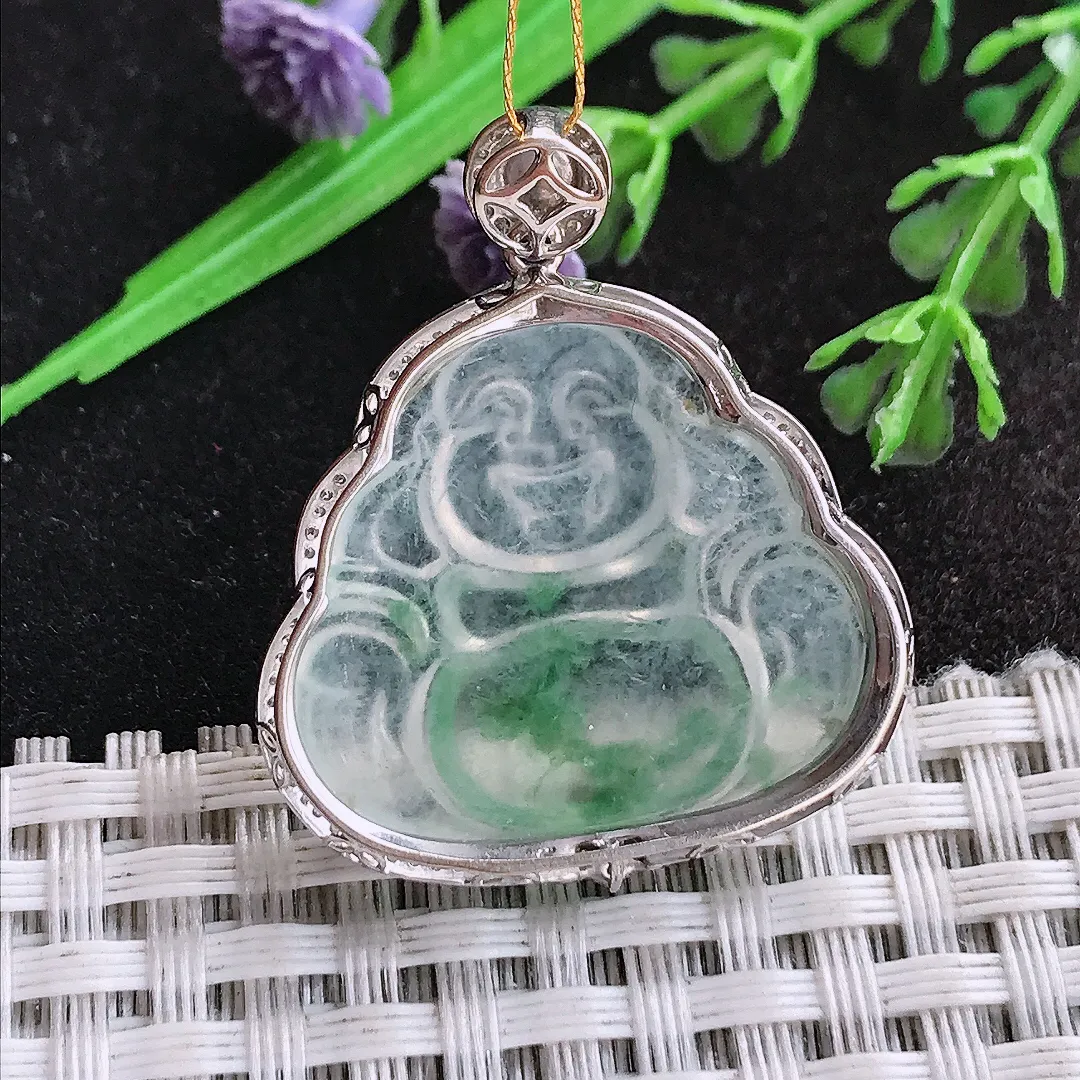 天然a货翡翠34/29/8.5老坑18k金镶嵌冰种飘绿佛公吊坠翡翠玉佛挂件