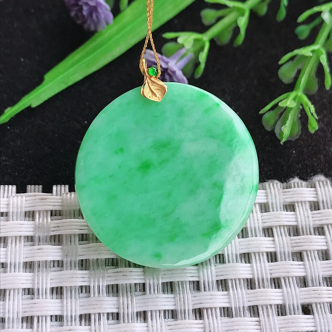 天然a货翡翠28/4.1老坑18k金镶嵌满绿无事牌吊坠翡翠圆牌挂件