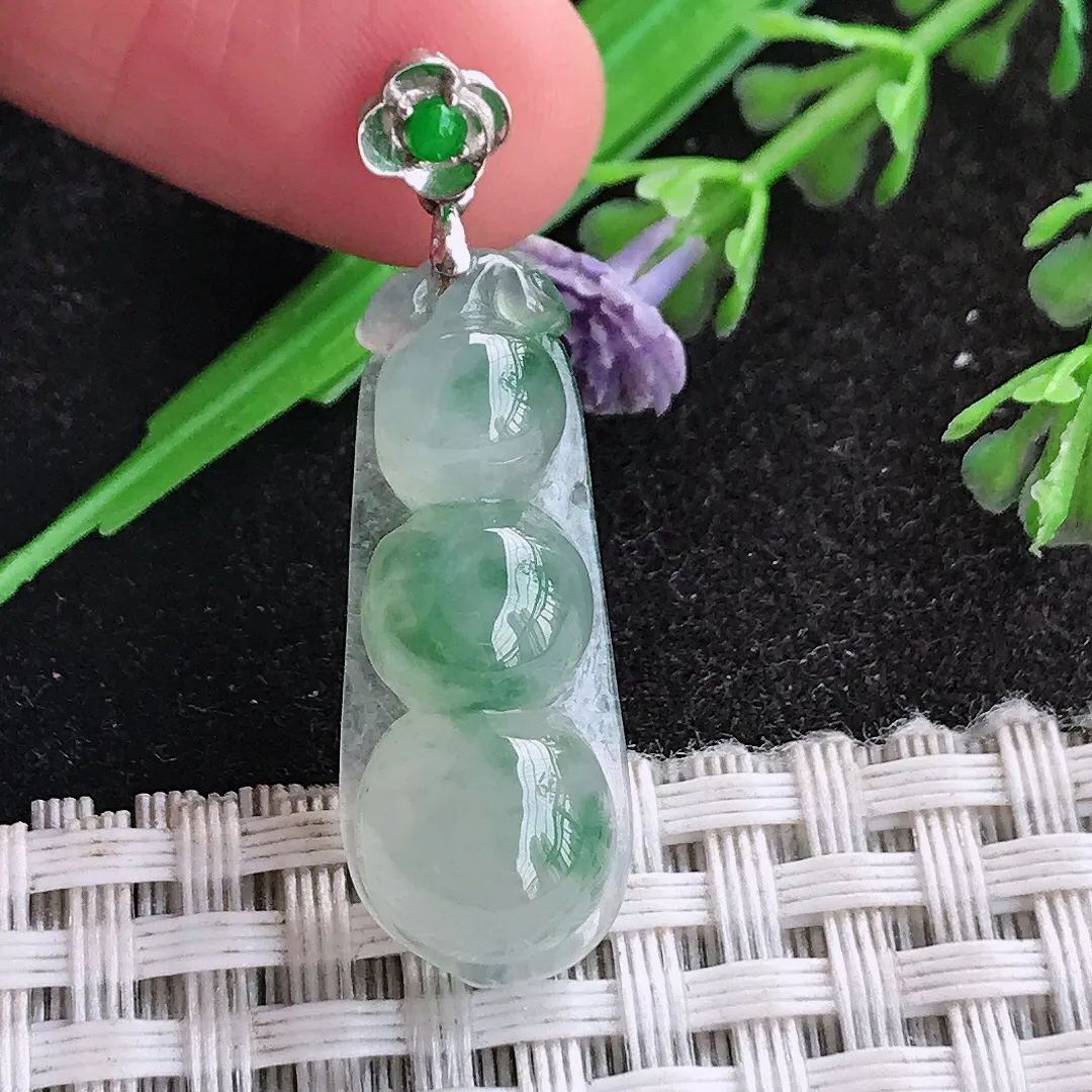 天然a货翡翠28.5/11.2/6.7老坑18k金镶嵌冰飘花四季豆吊坠翡翠福豆挂件