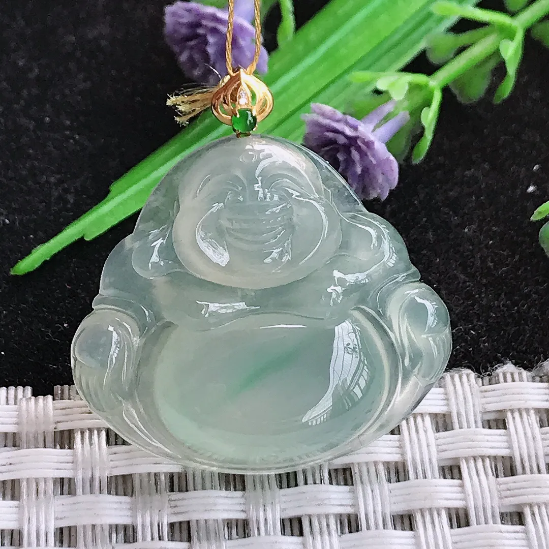 天然a货翡翠25.6/28.9/6老坑18k金镶嵌冰种果冻胶冰晴绿佛公吊坠玉佛挂件