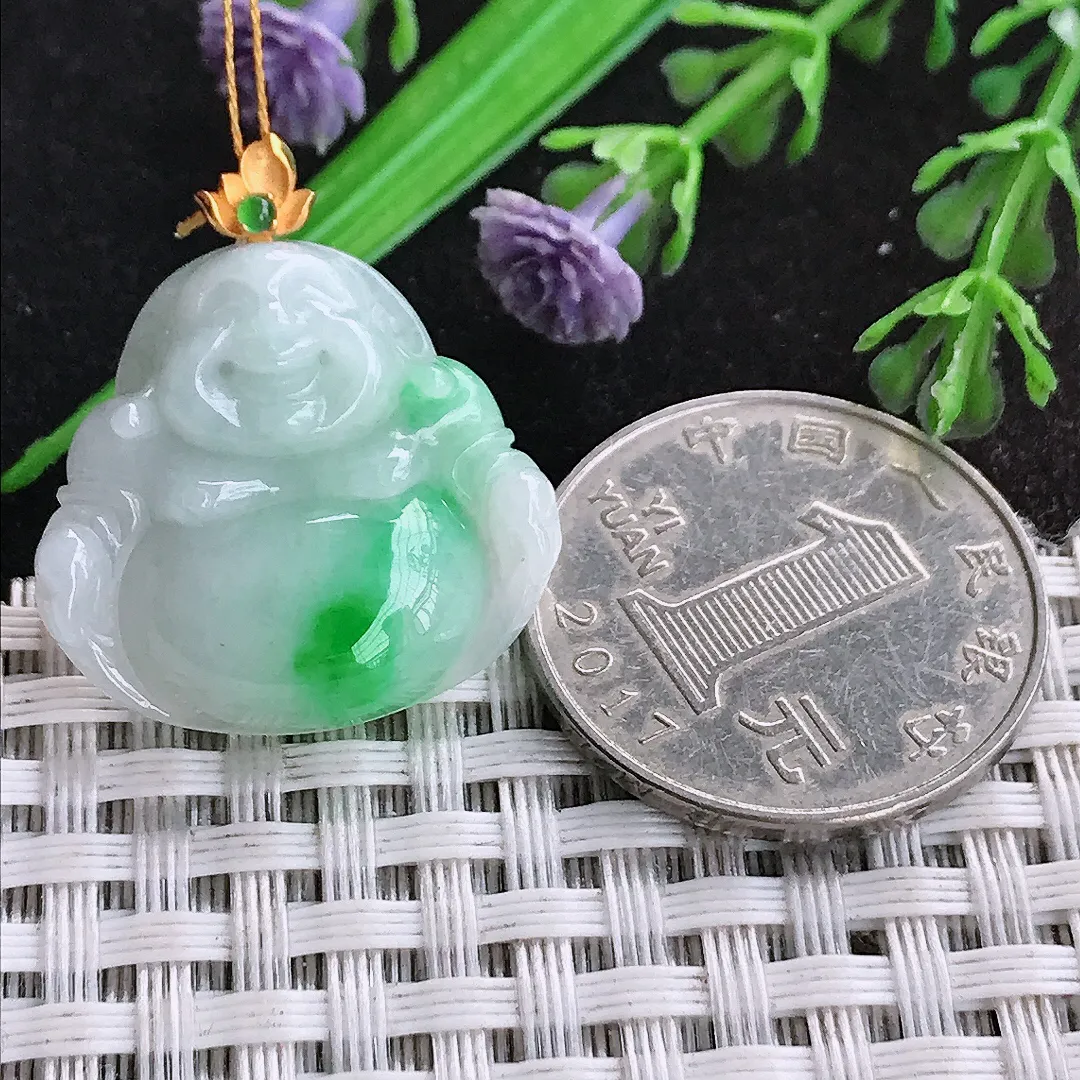 天然a货翡翠22.8/24.3/5.5老坑18k金镶嵌白底青飘阳绿佛公吊坠翡翠玉挂件
