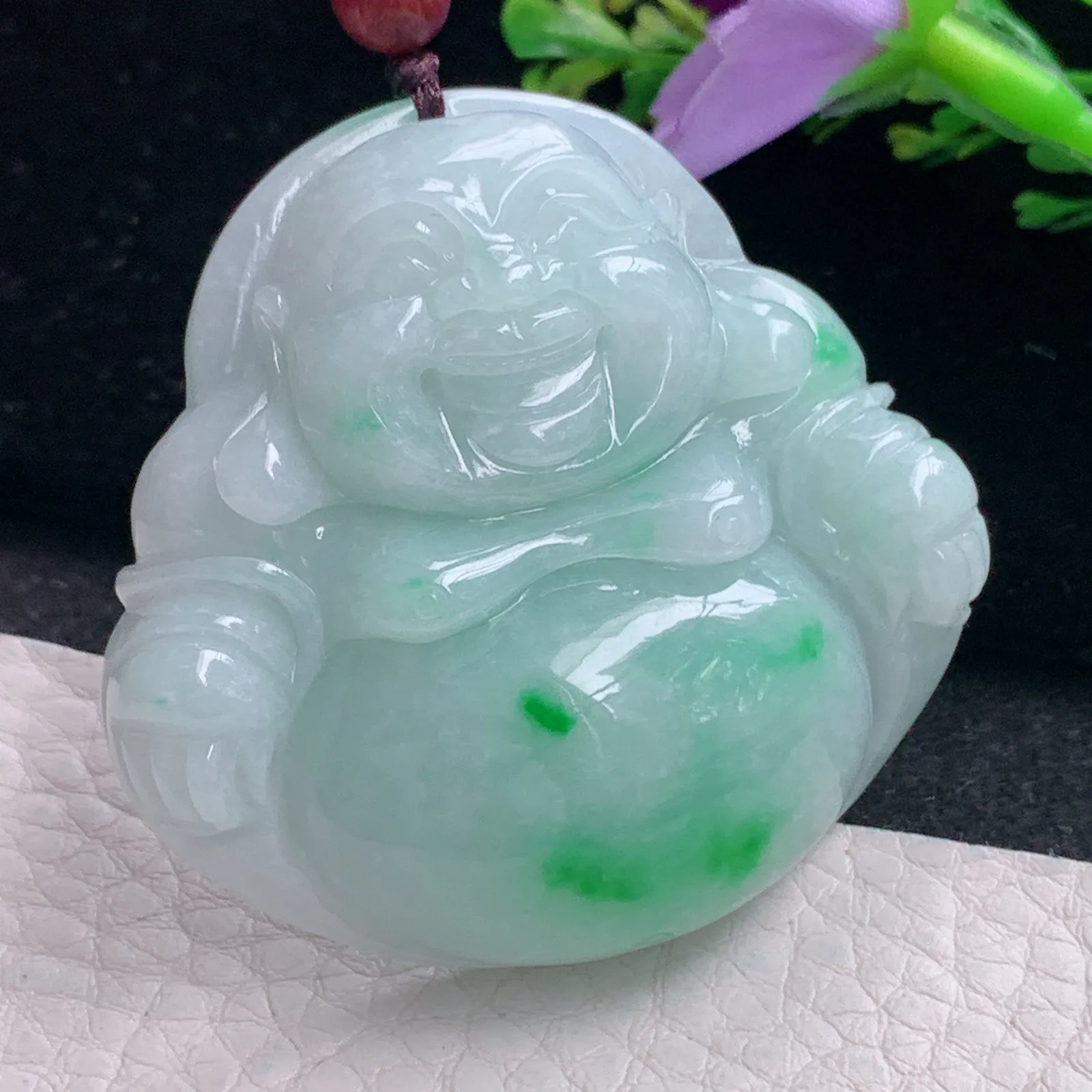 zen自然光46.5*48.3*12.3天然缅甸翡翠飘阳绿大佛公 开心佛玉吊坠 玉挂件