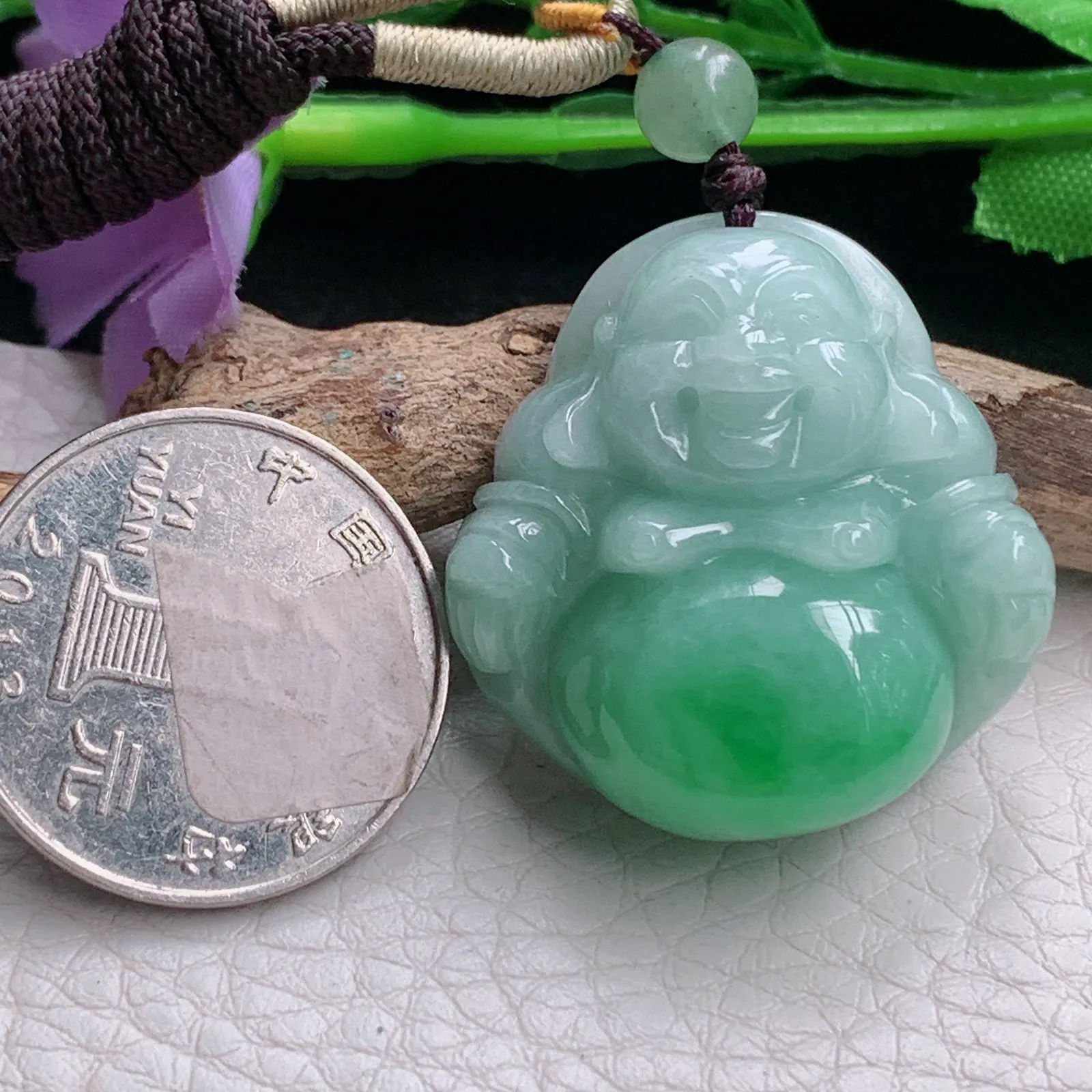 zen自然光31.8*30.2*11.8天然缅甸翡翠辣绿佛公 弥勒佛玉吊坠 玉挂件