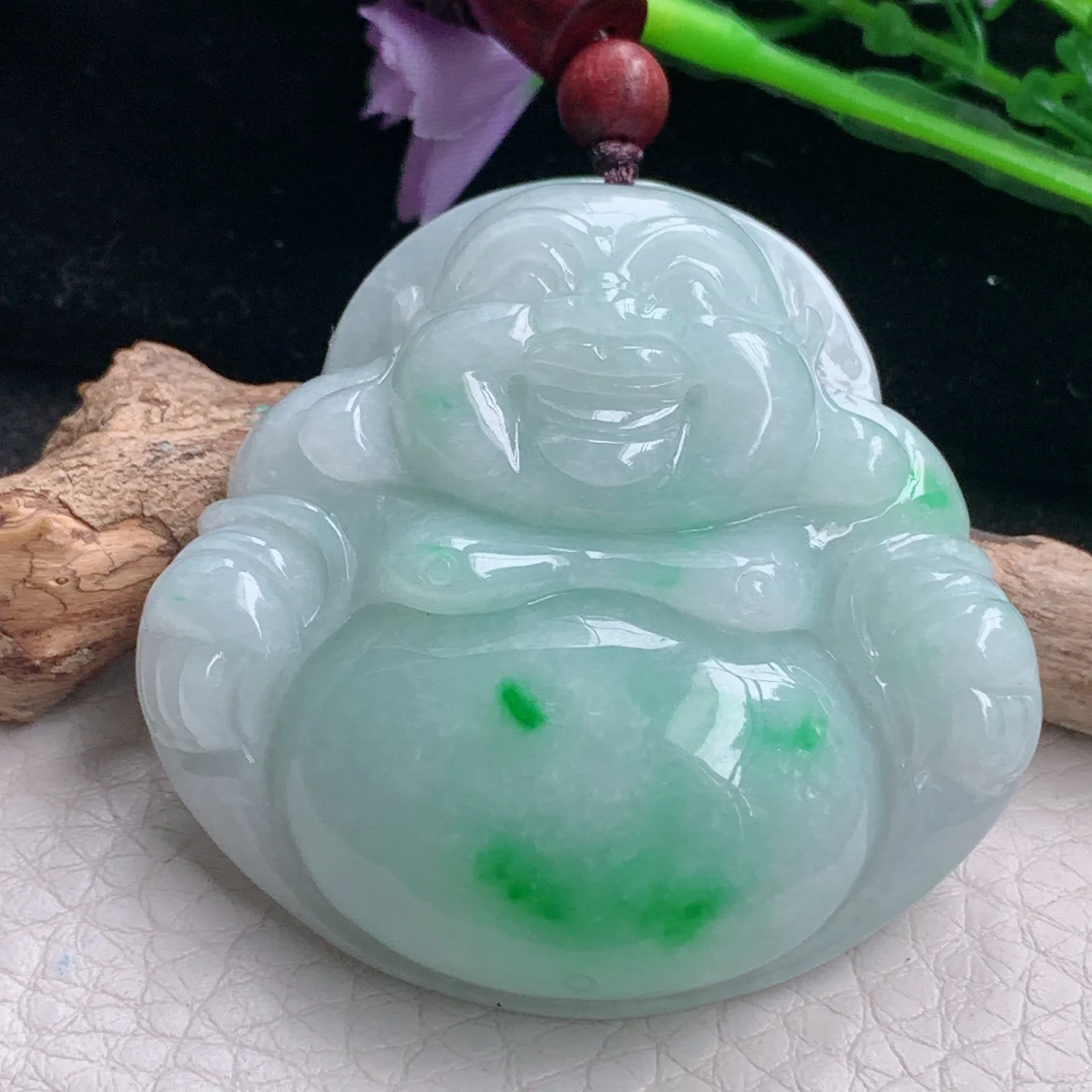 zen自然光46.5*48.3*12.3天然缅甸翡翠飘阳绿大佛公 开心佛玉吊坠 玉挂件