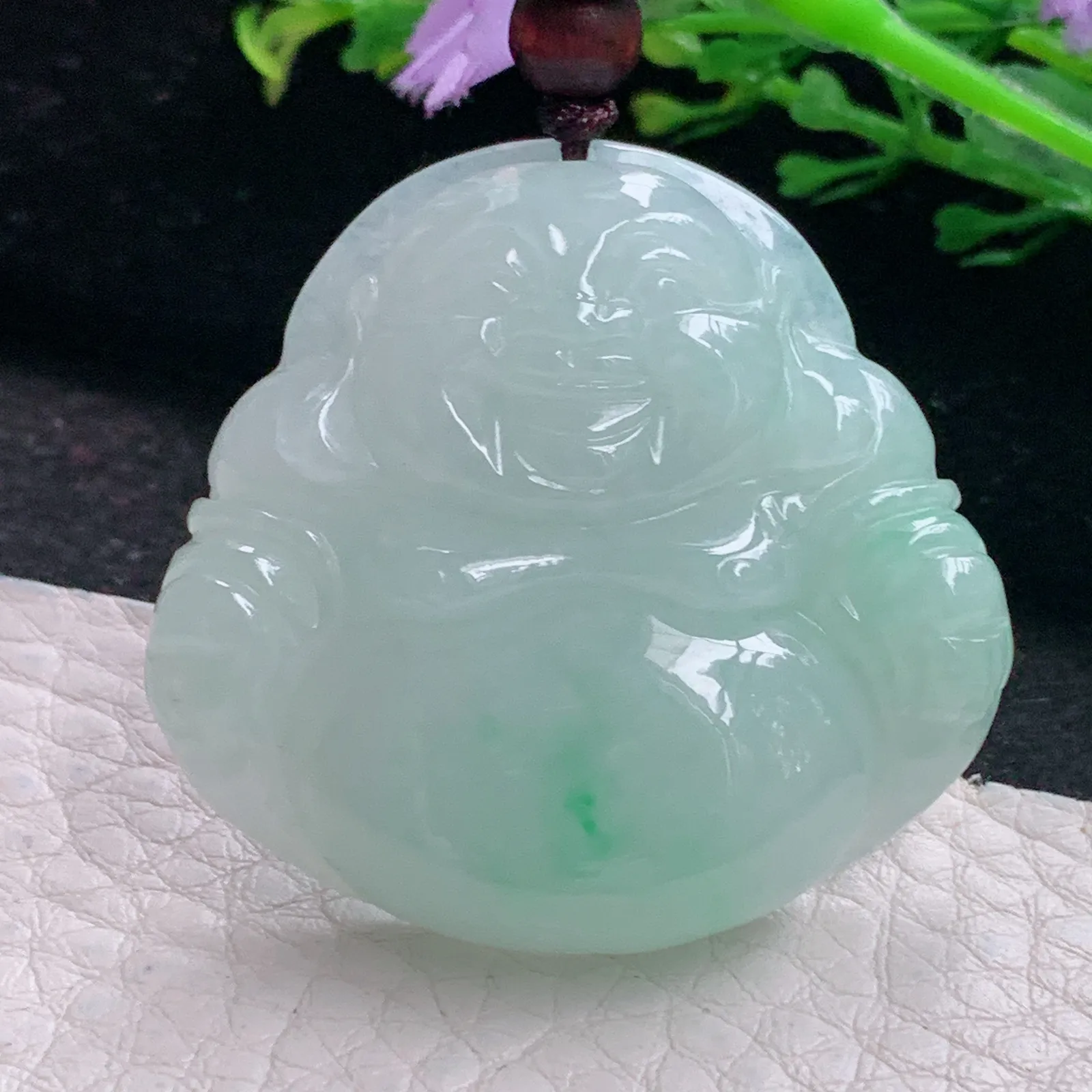 zen自然光37.6*40.5*9.3天然缅甸翡翠飘绿水润佛公 弥勒佛玉吊坠 玉挂件