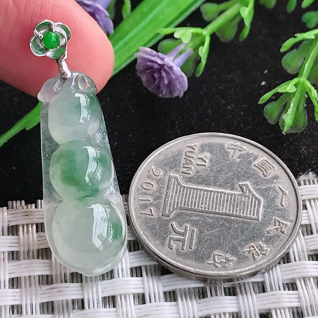 天然a货翡翠28.5/11.2/6.7老坑18k金镶嵌冰飘花四季豆吊坠翡翠福豆挂件