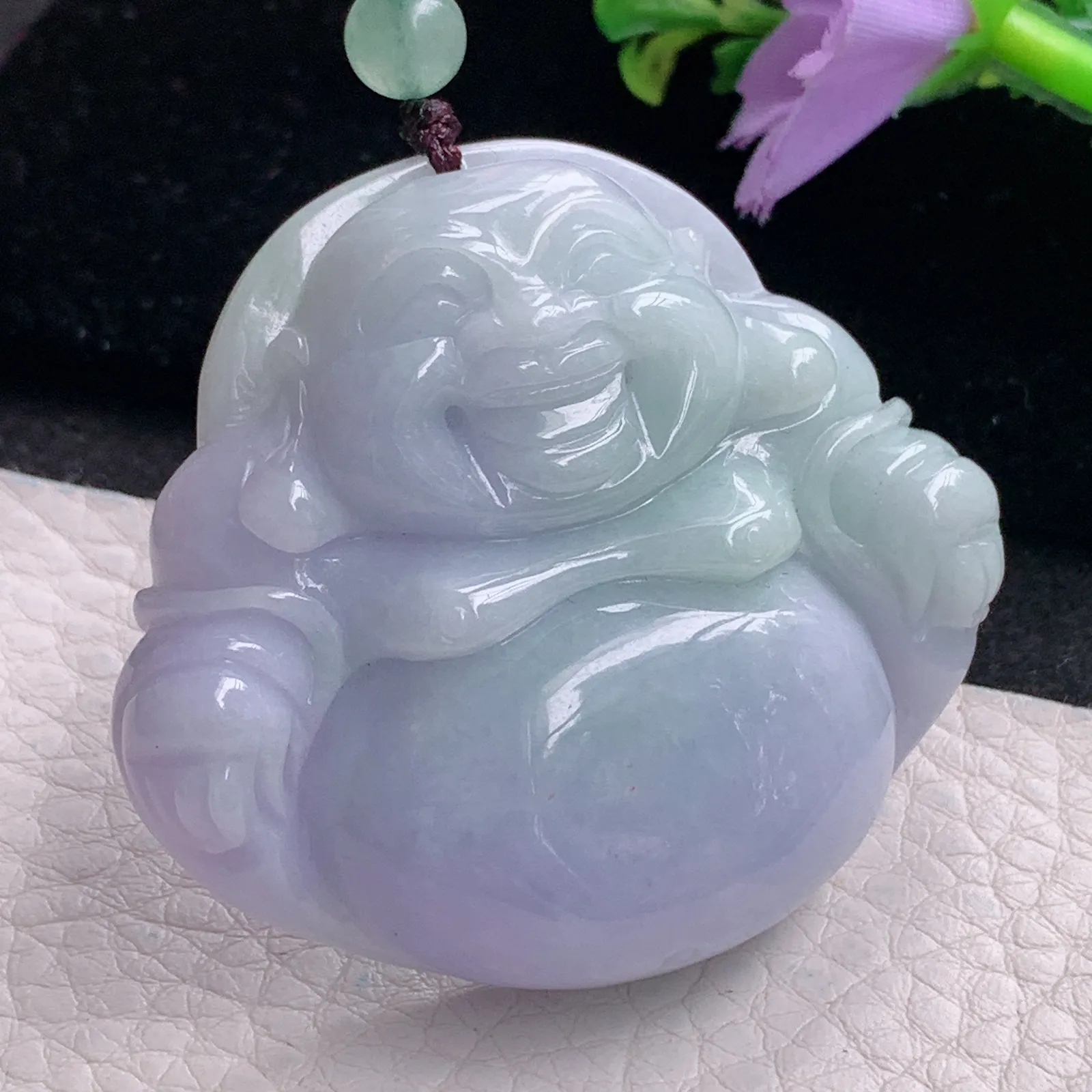 zen自然光46*51*12.3天然缅甸翡翠春带彩大佛公 弥勒佛玉吊坠 玉挂件