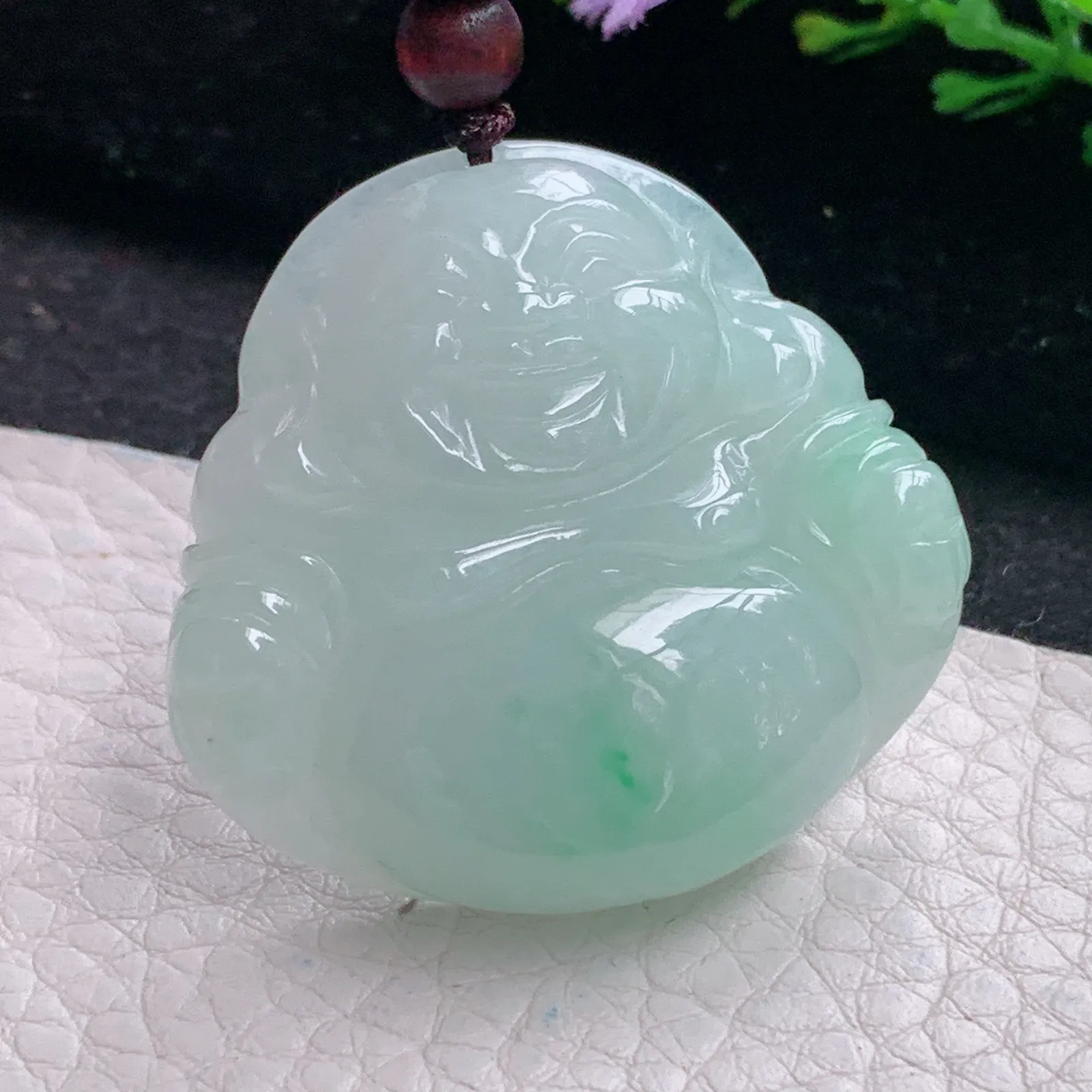 zen自然光37.6*40.5*9.3天然缅甸翡翠飘绿水润佛公 弥勒佛玉吊坠 玉挂件