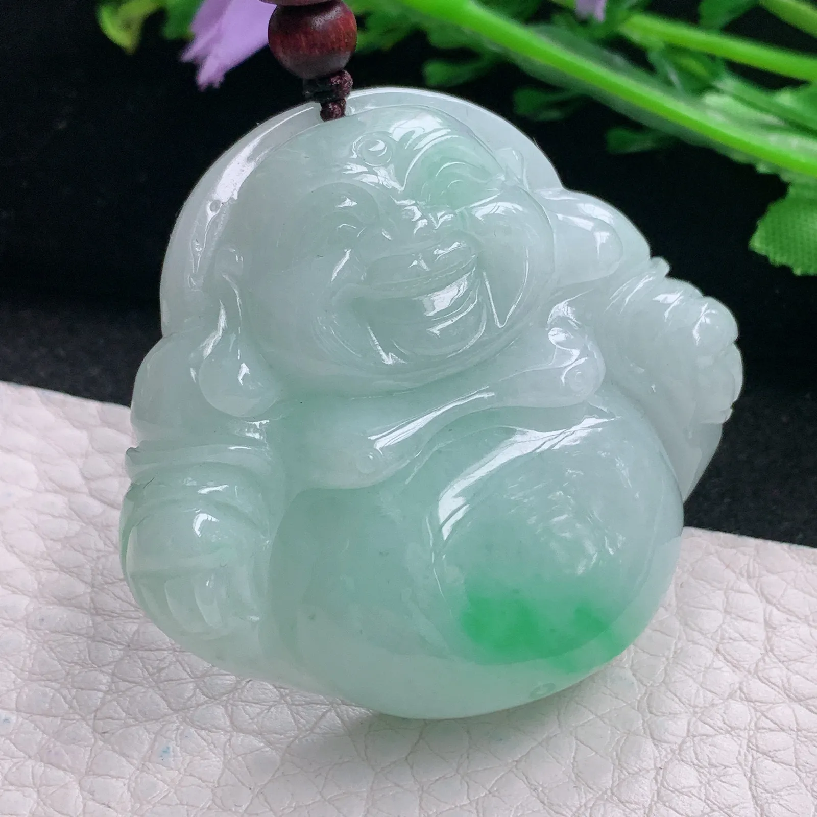 zen自然光45.8*50*13天然缅甸翡翠飘绿大佛公 开心佛玉吊坠 玉挂件