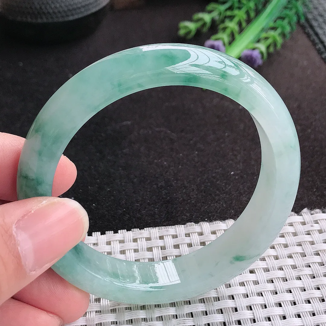 天然A货翡翠56.5/12.8/8.3老坑冰胶果冻冰飘花手镯宽边玉手镯