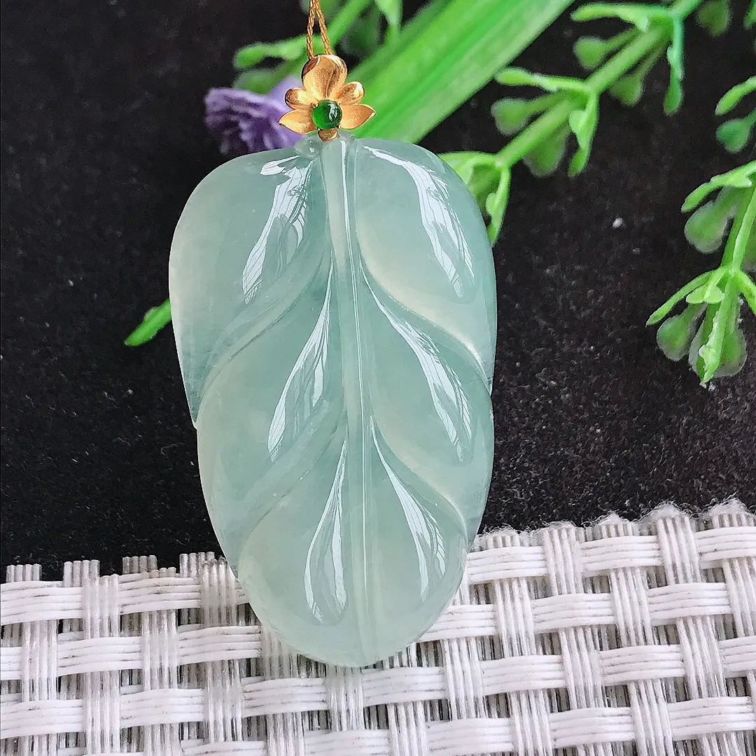 天然a货翡翠36.6/22.5/5.2老坑18k金镶嵌冰晴绿叶子吊坠翡翠玉挂件