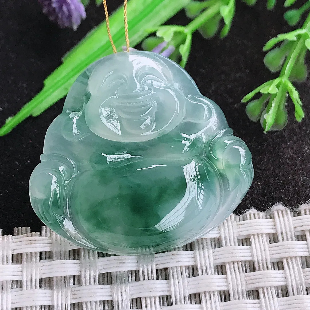 天然a货翡翠29.6/32.8/6.1老坑冰胶果冻冰飘花佛公吊坠翡翠玉佛挂件