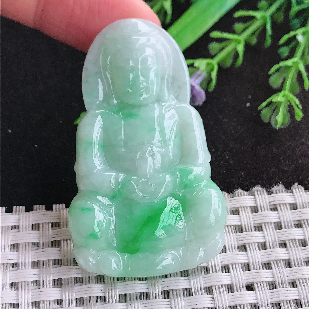 天然a货翡翠51/31.3/5.5老坑温润飘阳绿正装观音吊坠翡翠玉挂件